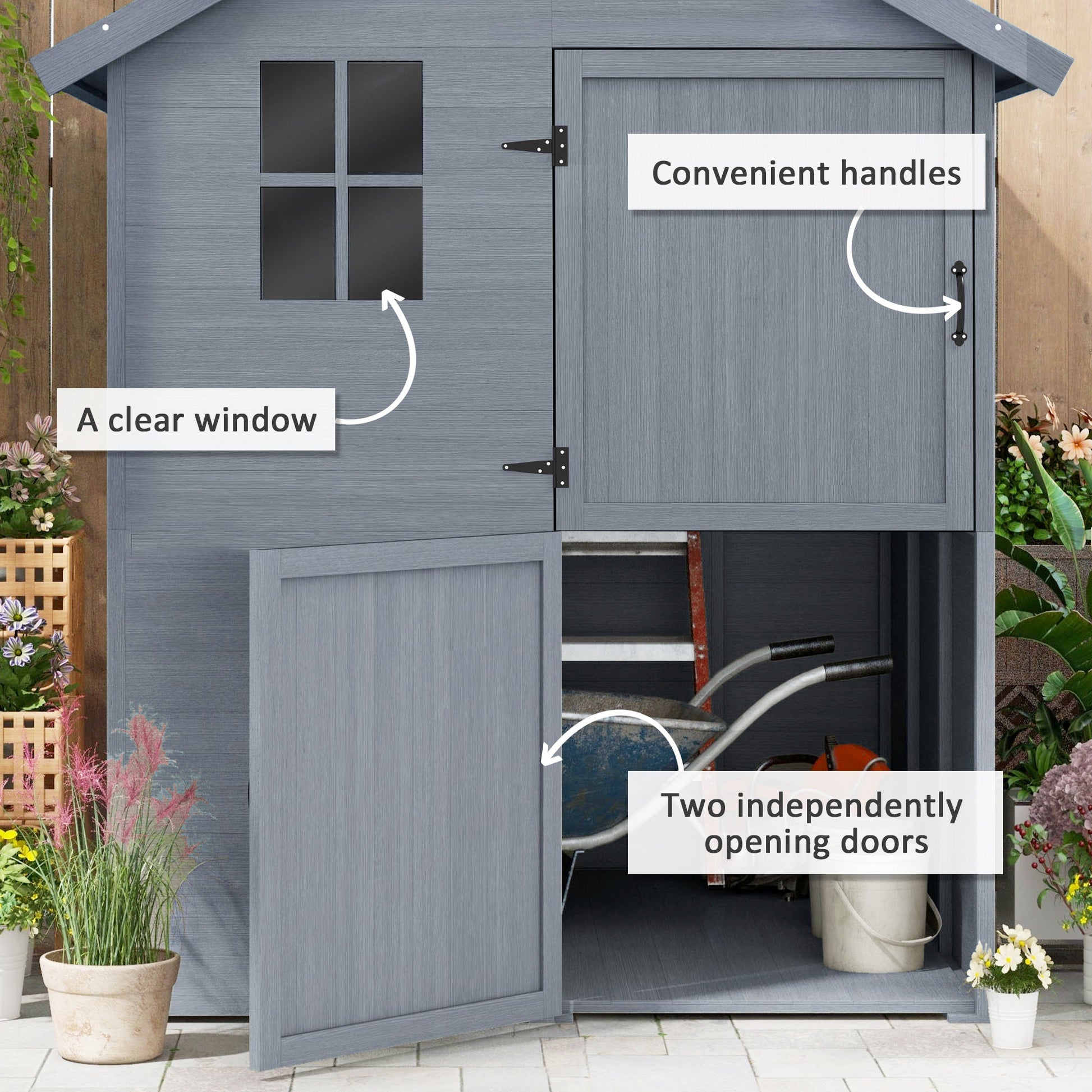 6 x 6.5FT Wooden Garden Shed, Floor Included Outdoor Storage Shed with Waterproof Apex Roof and Clear Window, Grey