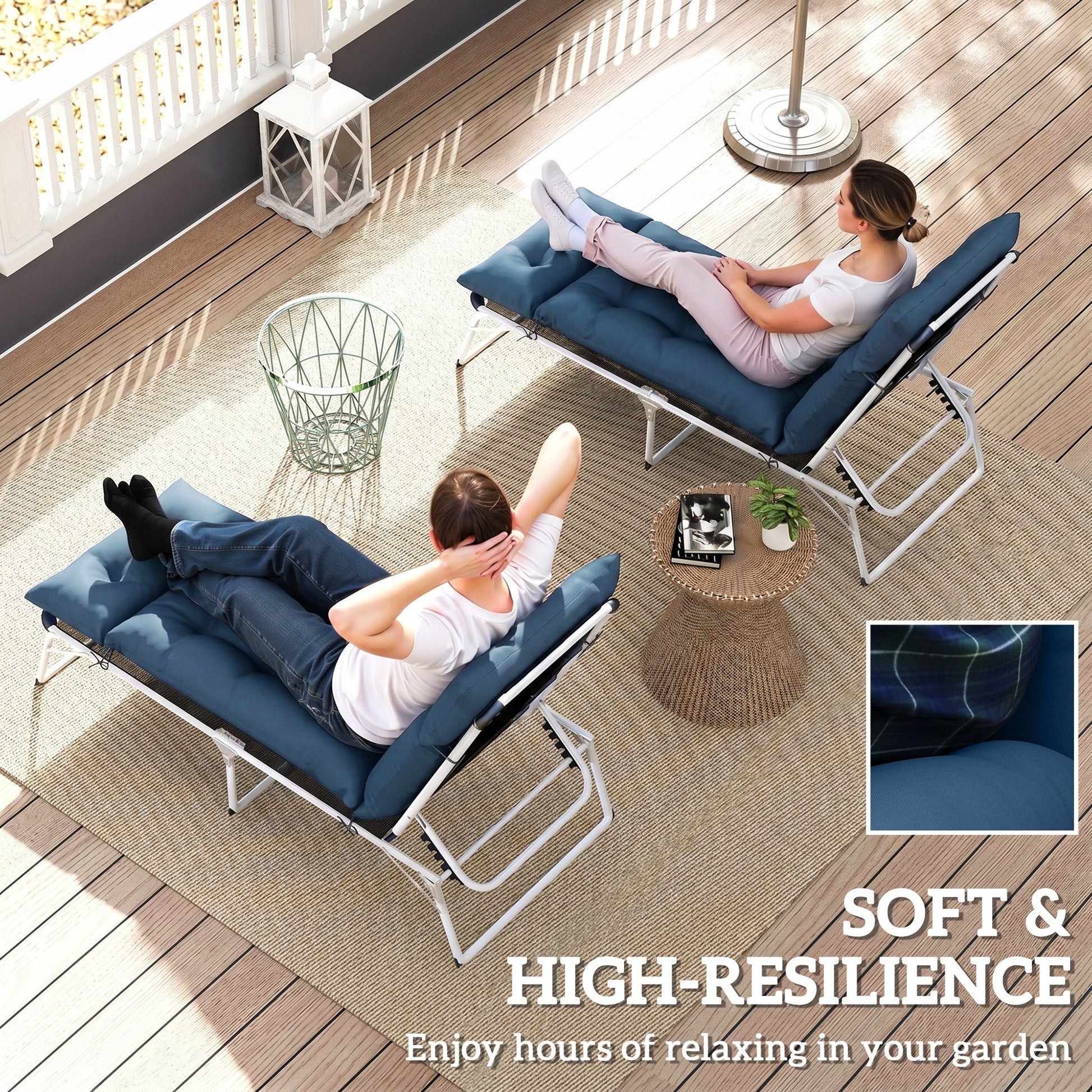 Sun Lounger Cushions Only, 190x56x10cm Garden Lounge Chair Cushions Set of 2, UPF20+ 220gsm Fabric, Thick Sunbed Replacement Pads with 6 Ties, Navy Blue