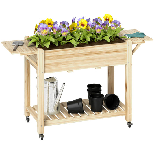 Raised Garden Bed, Wooden Elevated Planter Box with Lockable Wheels, Side Tables and Bottom Shelf, Outdoor Planter with Liner and Drainage Holes for Vegetables, Flowers, Fruits, Natural