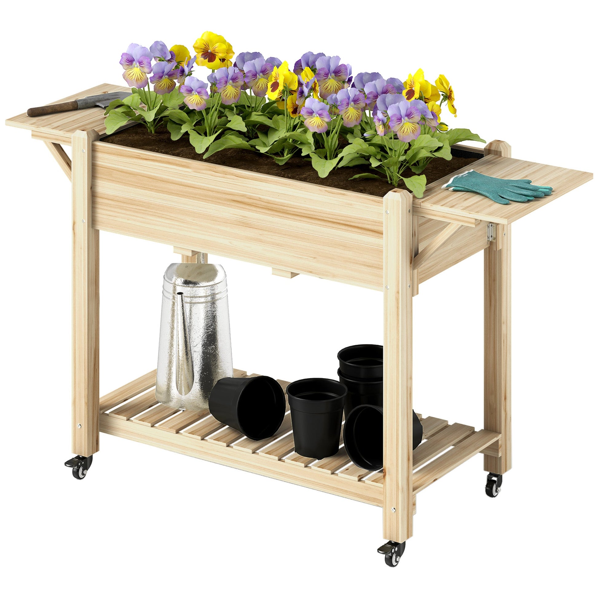Raised Garden Bed, Wooden Elevated Planter Box with Lockable Wheels, Side Tables and Bottom Shelf, Outdoor Planter with Liner and Drainage Holes for Vegetables, Flowers, Fruits, Natural