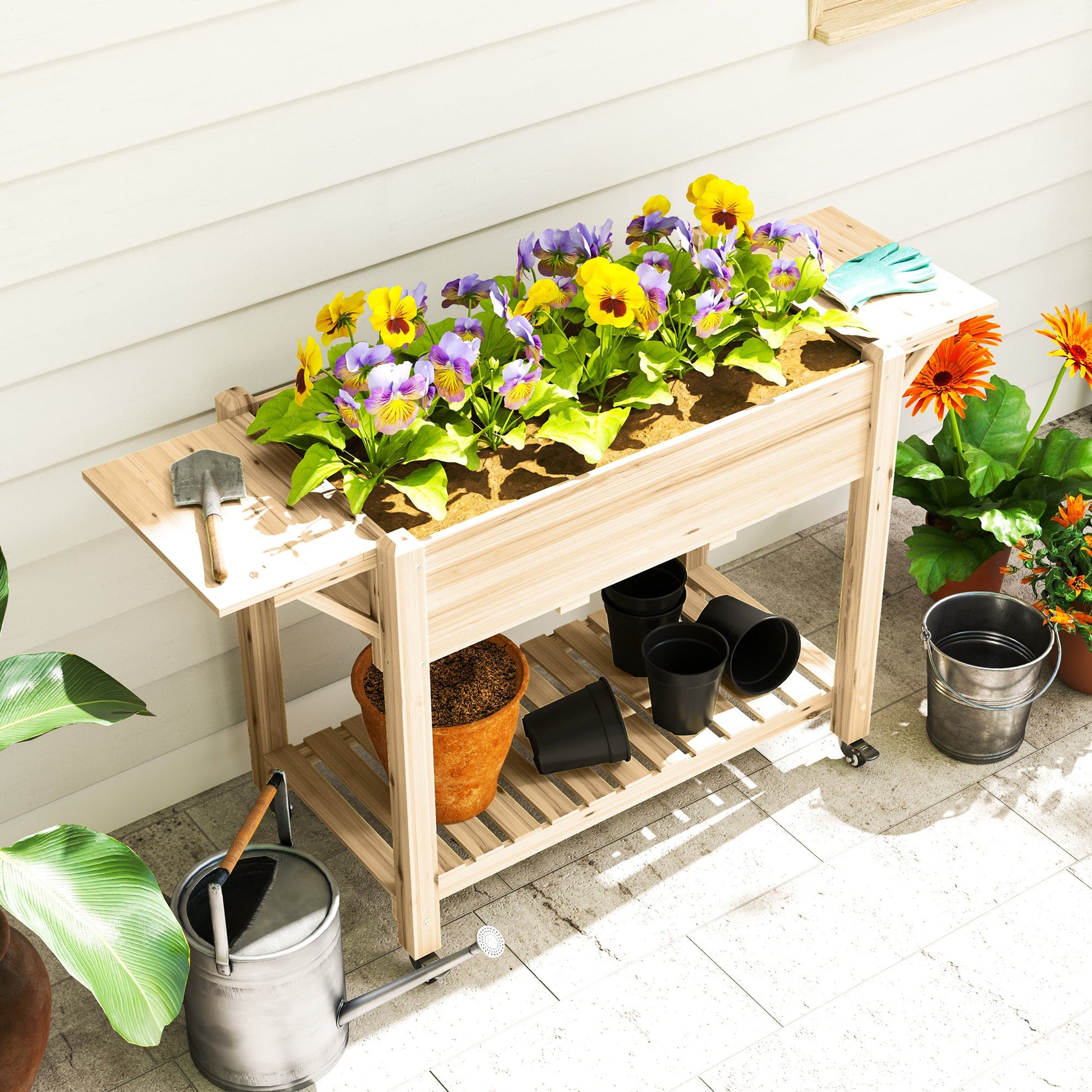 Raised Garden Bed, Wooden Elevated Planter Box with Lockable Wheels, Side Tables and Bottom Shelf, Outdoor Planter with Liner and Drainage Holes for Vegetables, Flowers, Fruits, Natural