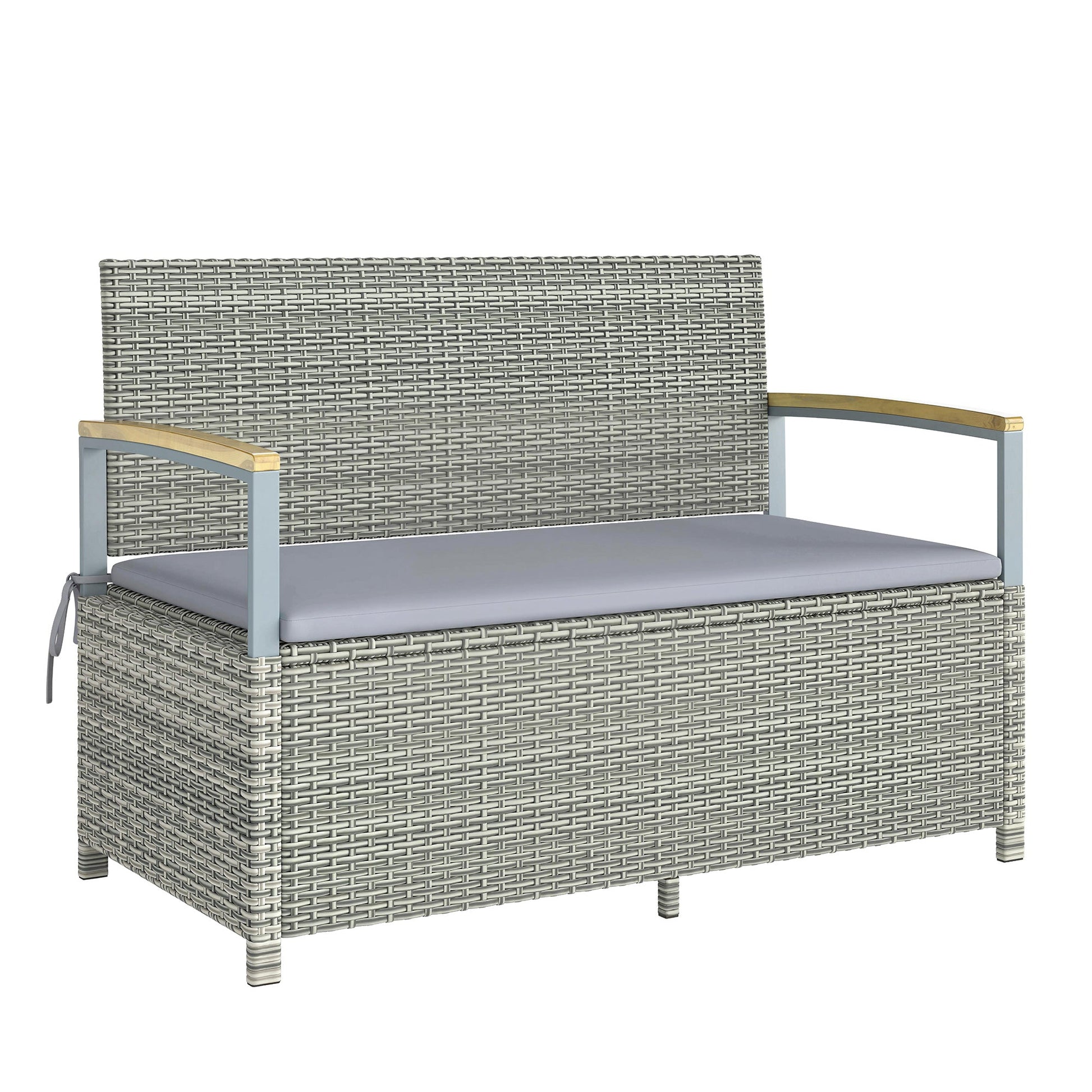 144 L Garden Storage Bench with Zipped Liner, 2 Seater PE Rattan Garden Bench with Storage, Gas Strut, Acacia Wood Top Armrests, Cushion, Patio Outdoor Benches Chest Container, Light Grey