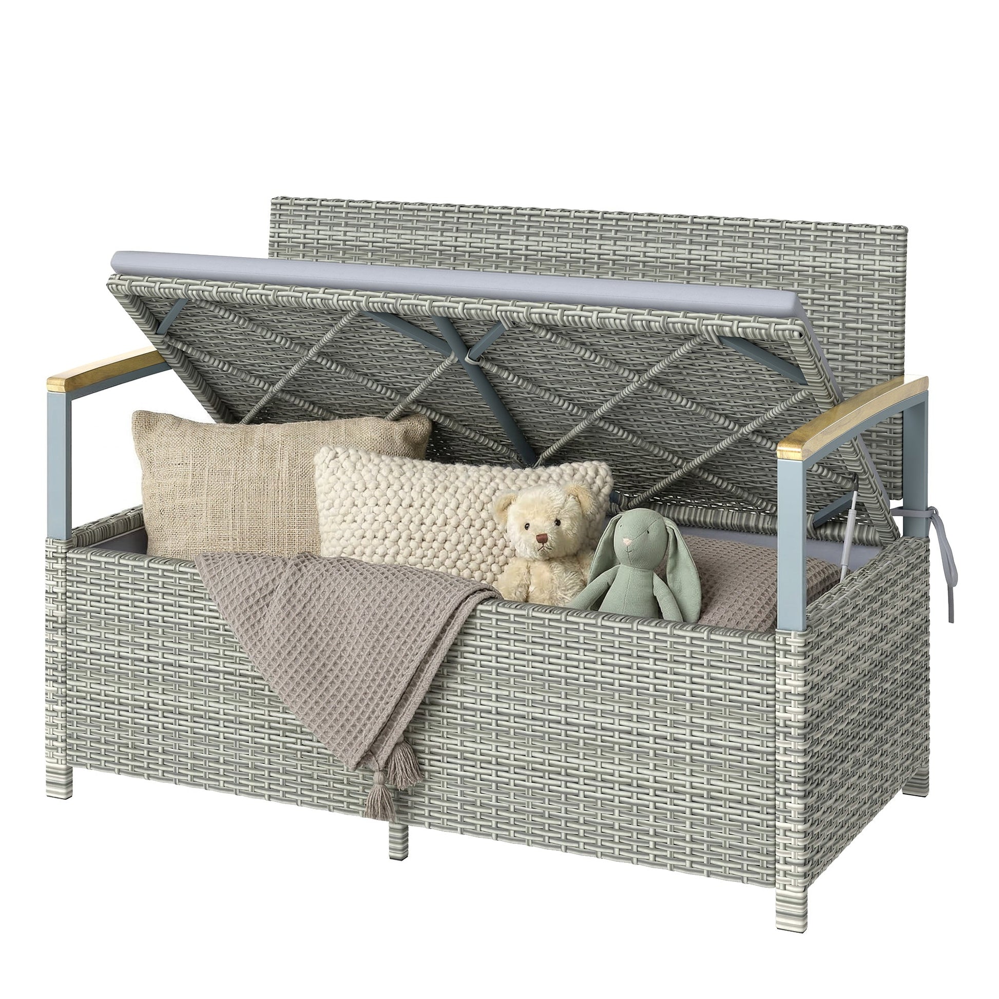 144 L Garden Storage Bench with Zipped Liner, 2 Seater PE Rattan Garden Bench with Storage, Gas Strut, Acacia Wood Top Armrests, Cushion, Patio Outdoor Benches Chest Container, Light Grey