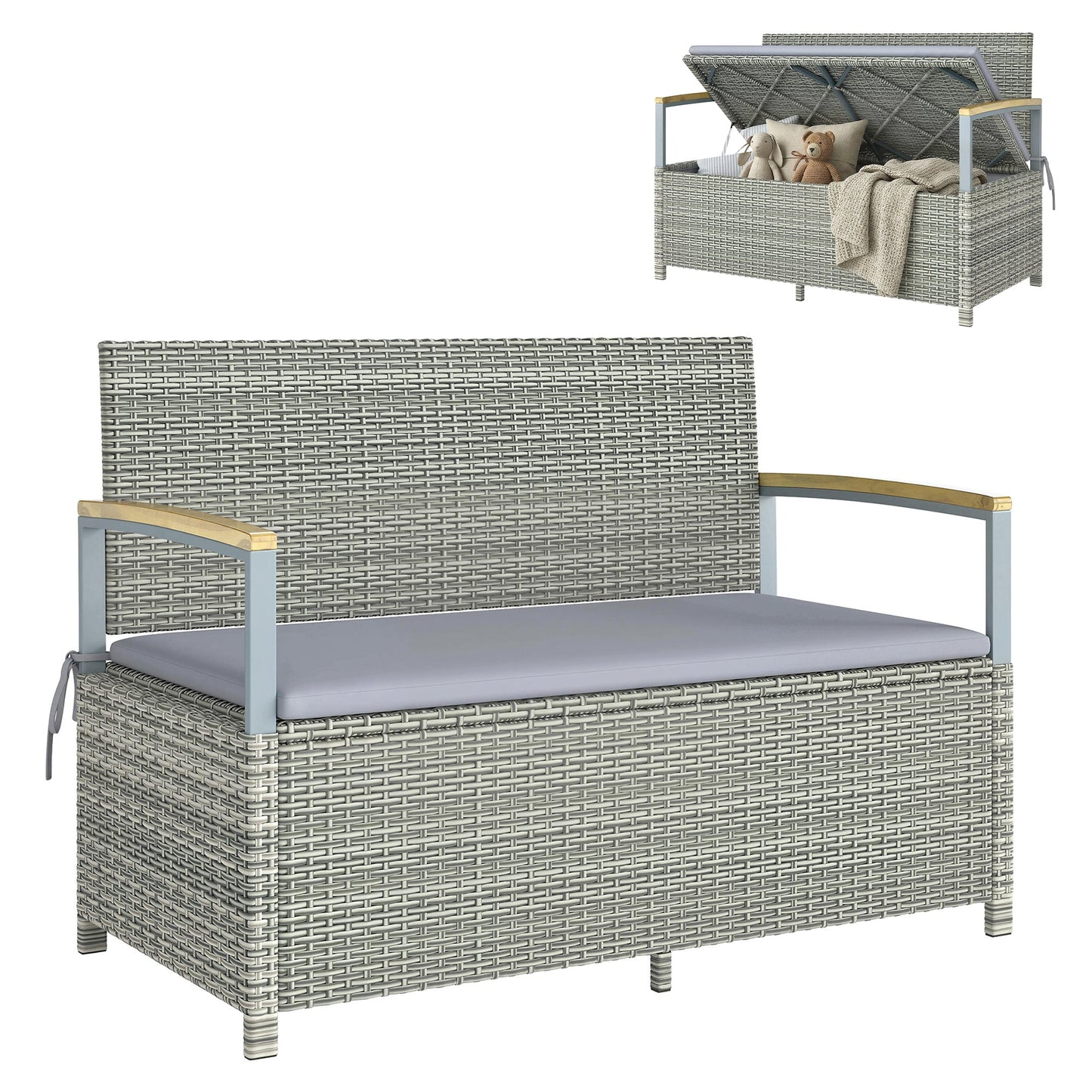 144 L Garden Storage Bench with Zipped Liner, 2 Seater PE Rattan Garden Bench with Storage, Gas Strut, Acacia Wood Top Armrests, Cushion, Patio Outdoor Benches Chest Container, Light Grey