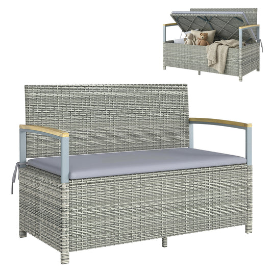 144 L Garden Storage Bench with Zipped Liner, 2 Seater PE Rattan Garden Bench with Storage, Gas Strut, Acacia Wood Top Armrests, Cushion, Patio Outdoor Benches Chest Container, Light Grey