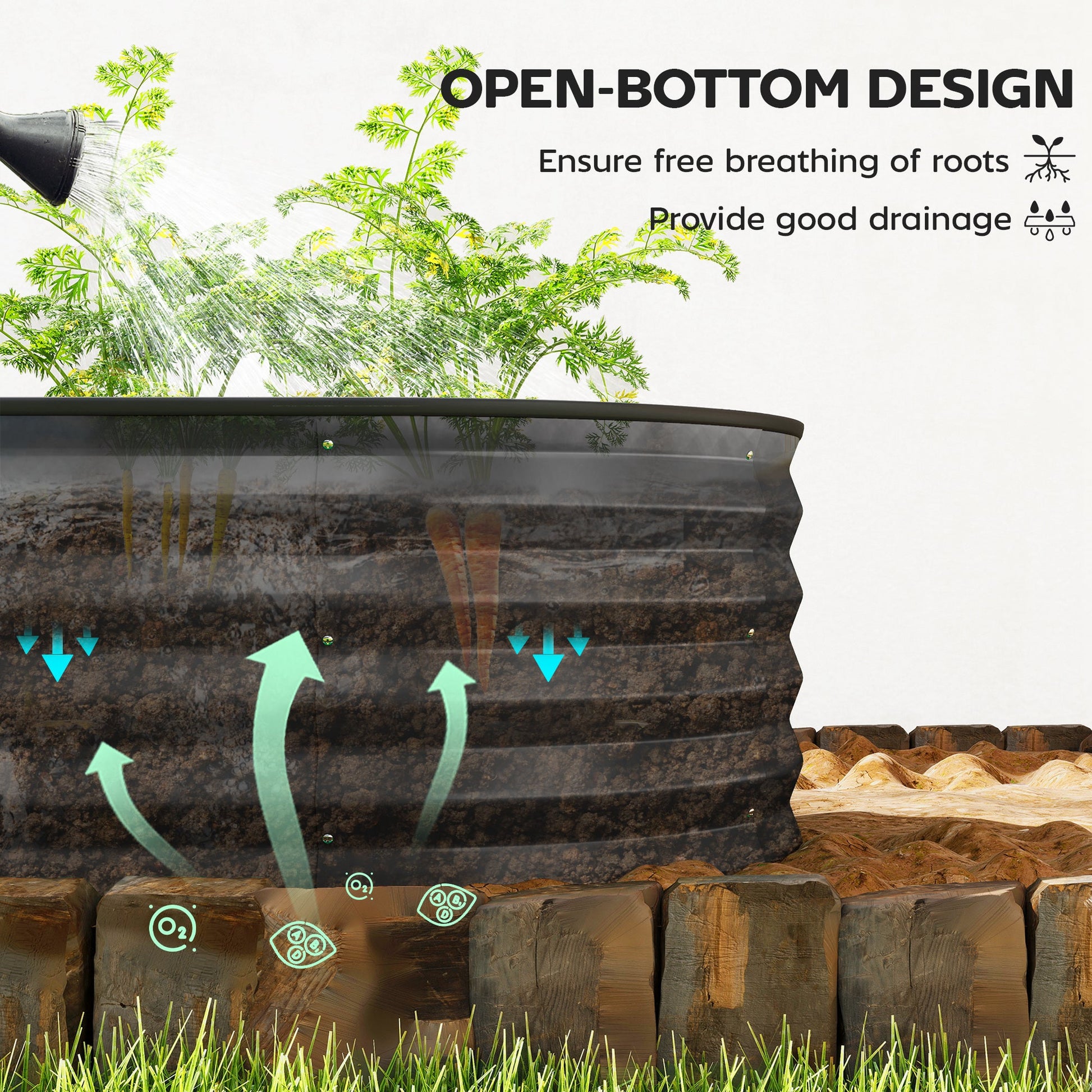 Set of 2 Raised Beds for Garden, Outdoor Galvanised Planter Box with Plant Support Stakes, Rubber Strap Edging and Bottomless for Flower, Vegetable, 150 x 60 x 30 cm, Dark Grey