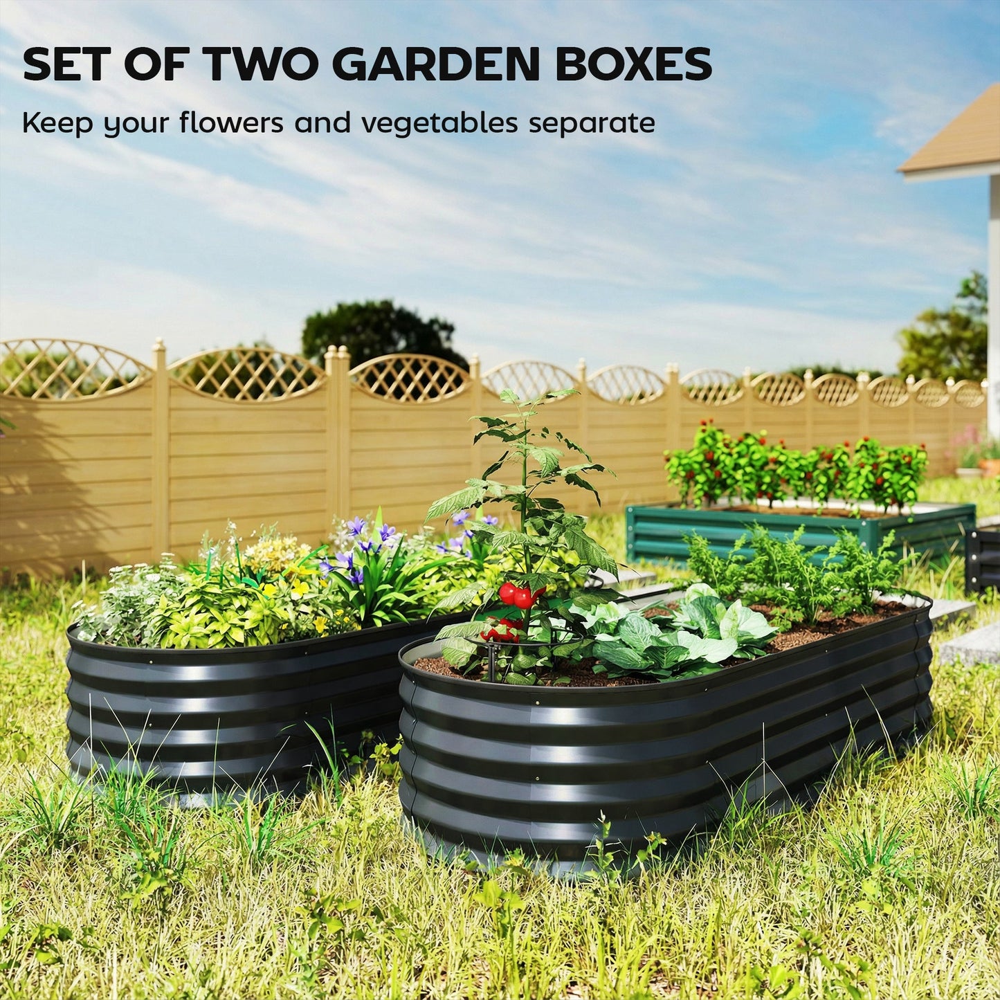 Set of 2 Raised Beds for Garden, Outdoor Galvanised Planter Box with Plant Support Stakes, Rubber Strap Edging and Bottomless for Flower, Vegetable, 150 x 60 x 30 cm, Dark Grey