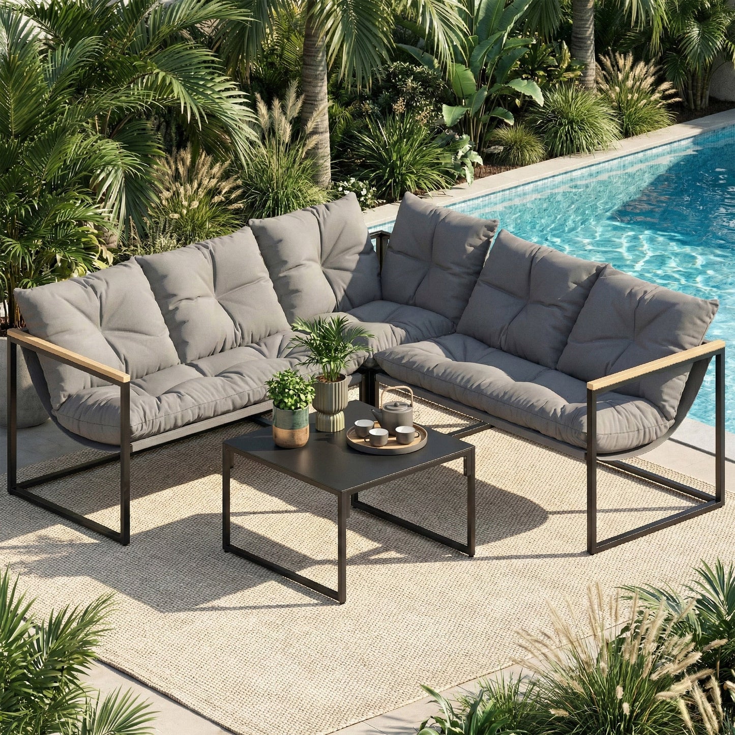 4 Piece Garden Furniture Set, Garden Table and Chairs with Thick Cushions, Patio Conversation Set with Coffee Table for Porch, Balcony, Deck, Grey
