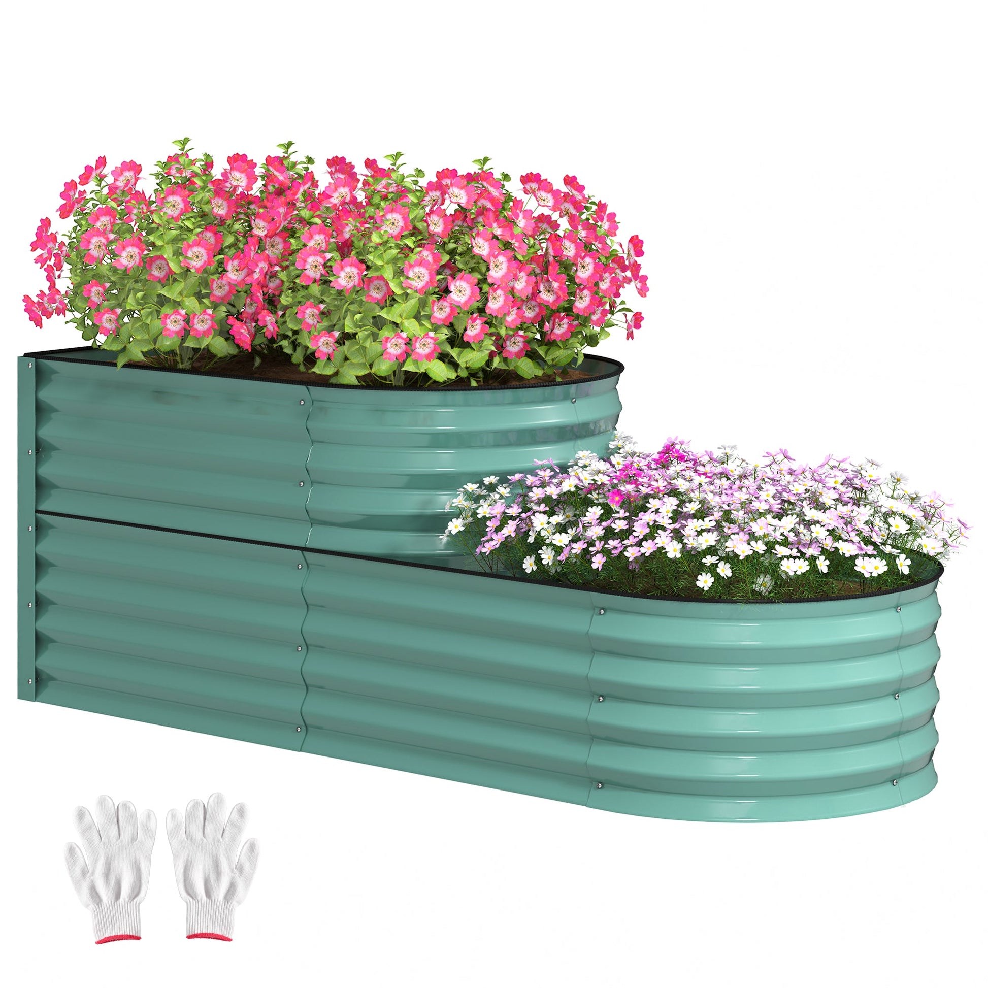 2-Tier Raised Garden Bed, Outdoor Galvanised Planter Box with Safety Edging and Gloves, Metal Raised Bed with Open Bottom for Vegetables, Flowers, Fruits and Herbs, Dark Green