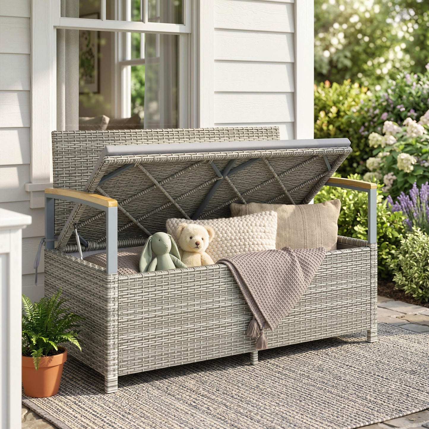 144 L Garden Storage Bench with Zipped Liner, 2 Seater PE Rattan Garden Bench with Storage, Gas Strut, Acacia Wood Top Armrests, Cushion, Patio Outdoor Benches Chest Container, Light Grey