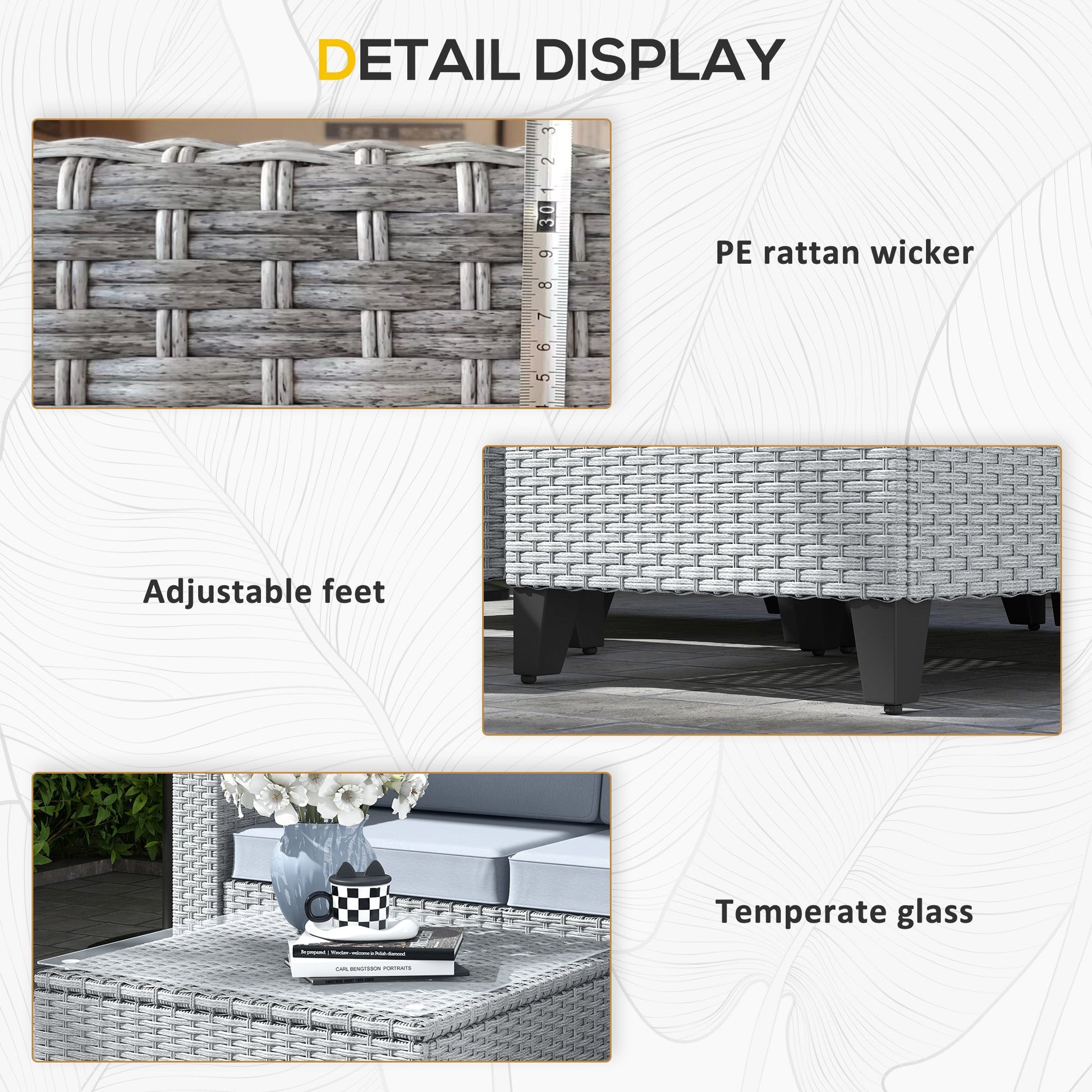 5 Pieces PE Rattan Garden Furniture Set, 4 Seater Garden Corner Sofa Set with Glass Coffee Table, Wicker Outdoor Furniture Set with Cushions for Patio Deck, Grey