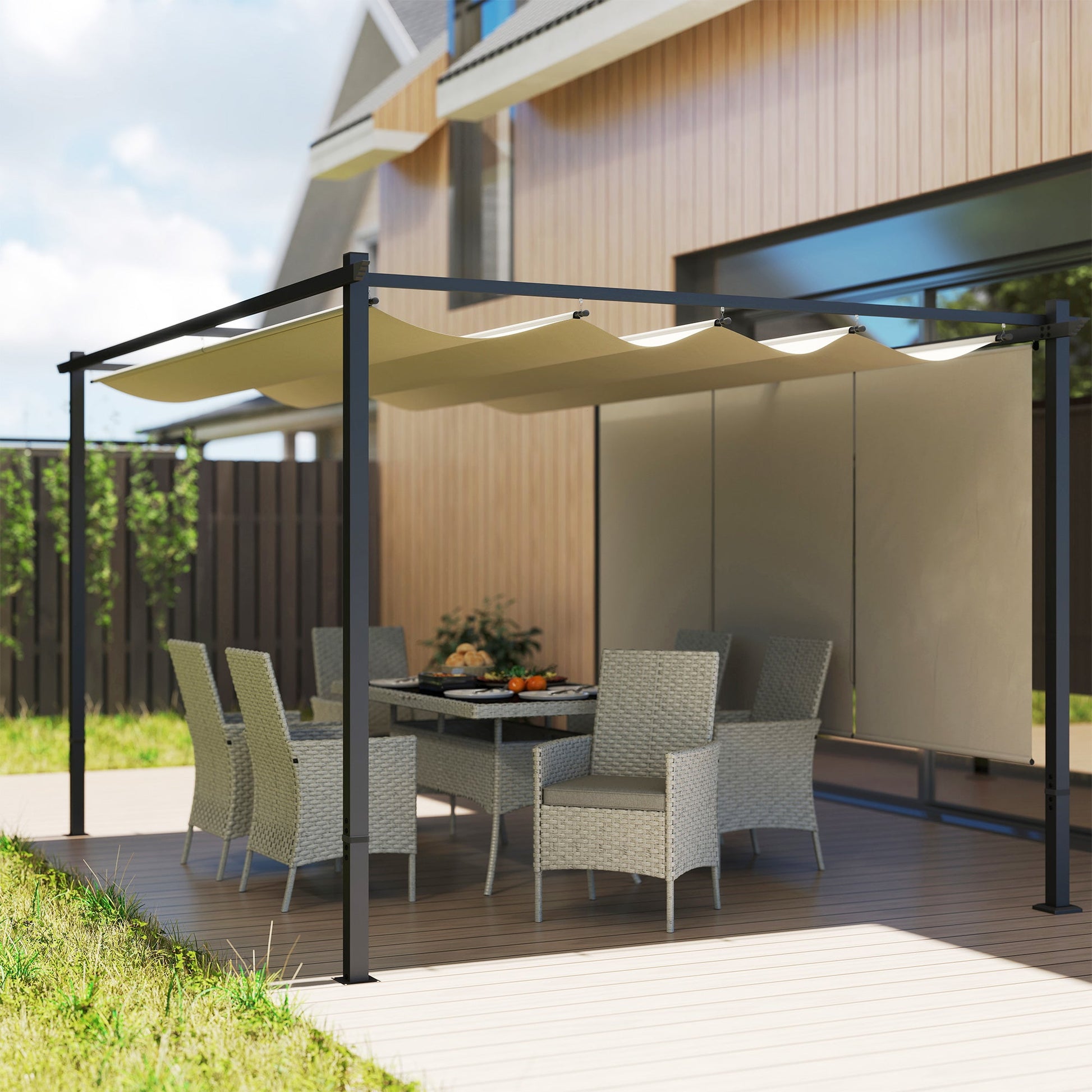 3 x 4m Metal Pergola with Retractable Roof and Roller Shade, Free Standing Gazebo Canopy Pergola Kit, UPF30+ Outdoor Sun Shelter, Beige