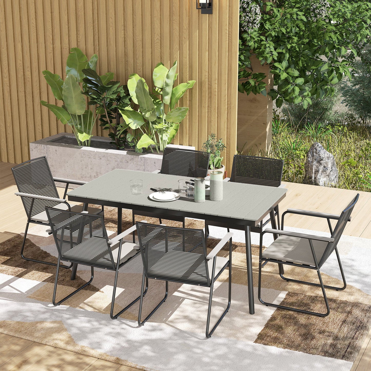 6 Seater Garden Dining Set with Soft Cushions, Rattan Backrest, Rectangular Plastic Top, Garden Furniture Set, Outdoor Dining Table and Chairs for Patio, Balcony, Poolside, Grey