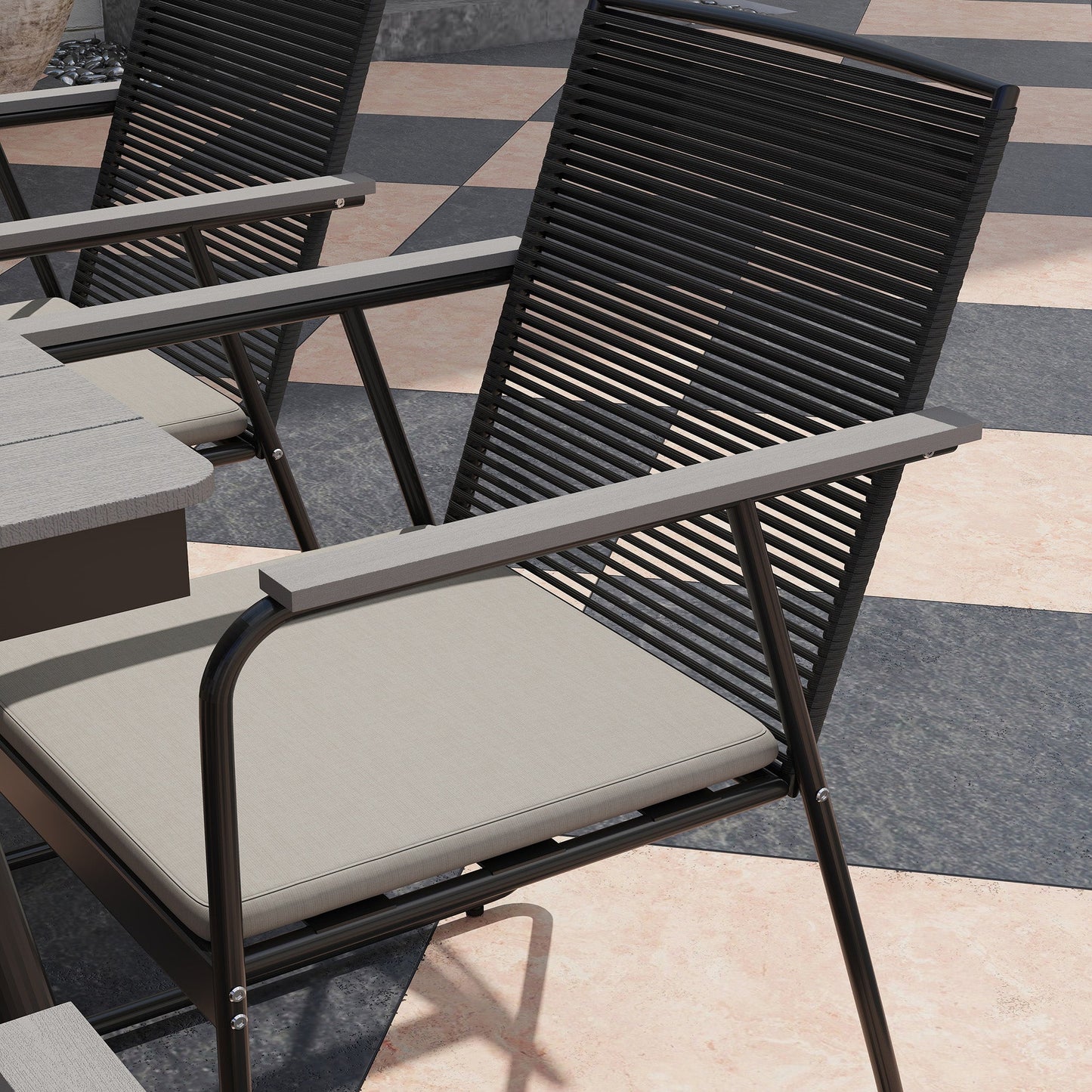 6 Seater Garden Dining Set with Soft Cushions, Rattan Backrest, Rectangular Plastic Top, Garden Furniture Set, Outdoor Dining Table and Chairs for Patio, Balcony, Poolside, Grey