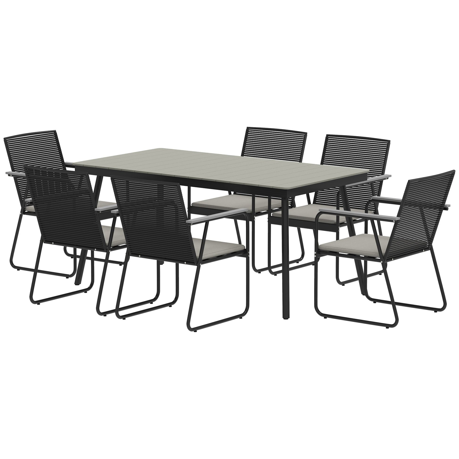 6 Seater Garden Dining Set with Soft Cushions, Rattan Backrest, Rectangular Plastic Top, Garden Furniture Set, Outdoor Dining Table and Chairs for Patio, Balcony, Poolside, Grey