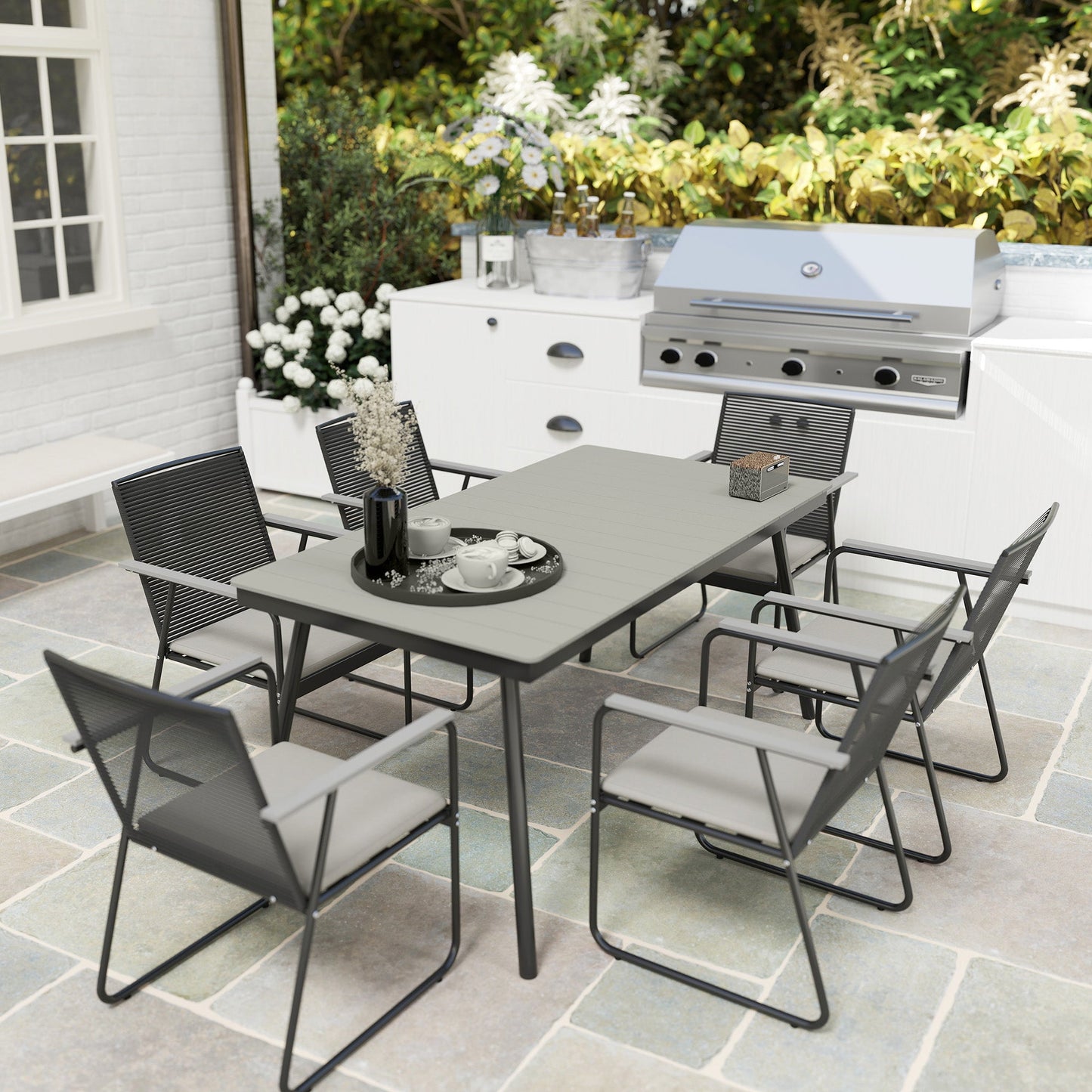 6 Seater Garden Dining Set with Soft Cushions, Rattan Backrest, Rectangular Plastic Top, Garden Furniture Set, Outdoor Dining Table and Chairs for Patio, Balcony, Poolside, Grey