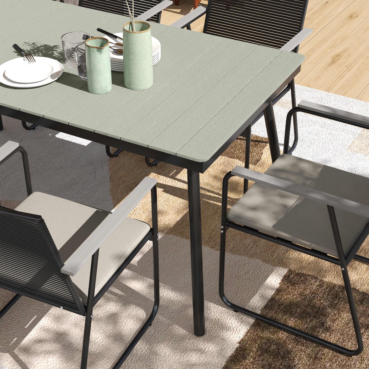 6 Seater Garden Dining Set with Soft Cushions, Rattan Backrest, Rectangular Plastic Top, Garden Furniture Set, Outdoor Dining Table and Chairs for Patio, Balcony, Poolside, Grey