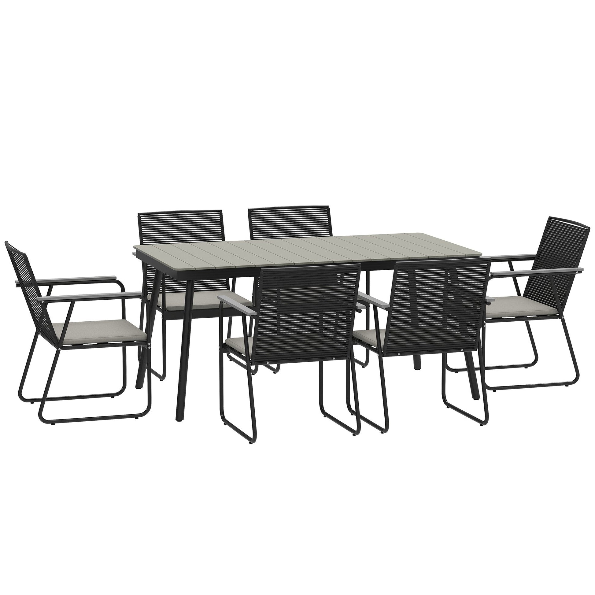 6 Seater Garden Dining Set with Soft Cushions, Rattan Backrest, Rectangular Plastic Top, Garden Furniture Set, Outdoor Dining Table and Chairs for Patio, Balcony, Poolside, Grey