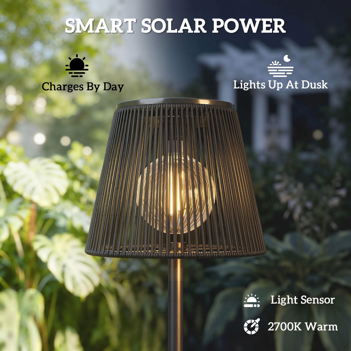 Outdoor Solar Floor Lamp, Adjustable Height Rechargeable Floor Lamp, IP44 Waterproof, with Light Sensor, 2700K Warm Light for Garden and Balcony, Black