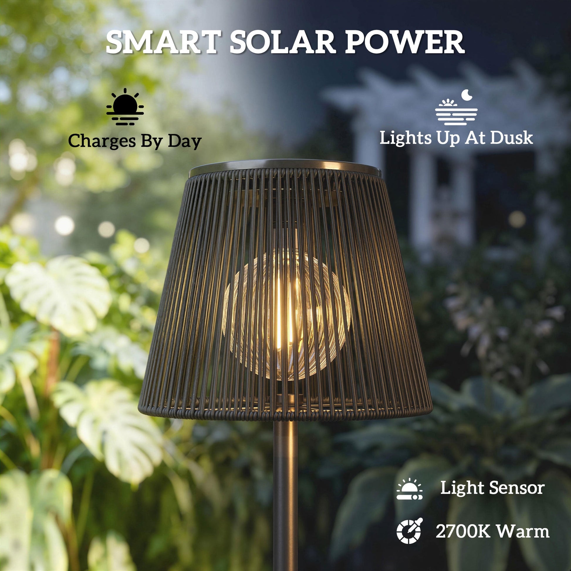 Outdoor Solar Floor Lamp, Adjustable Height Rechargeable Floor Lamp, IP44 Waterproof, with Light Sensor, 2700K Warm Light for Garden and Balcony, Black