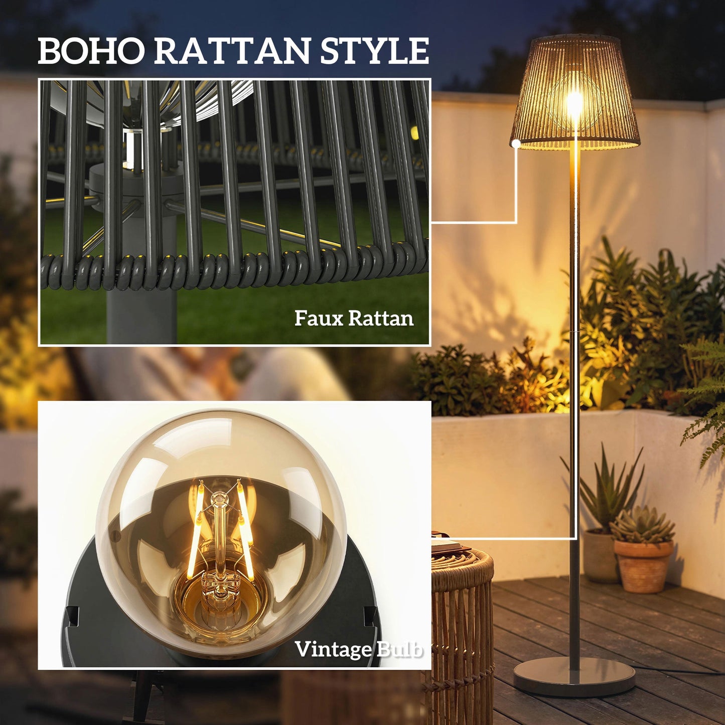 Outdoor Solar Floor Lamp, Adjustable Height Rechargeable Floor Lamp, IP44 Waterproof, with Light Sensor, 2700K Warm Light for Garden and Balcony, Black