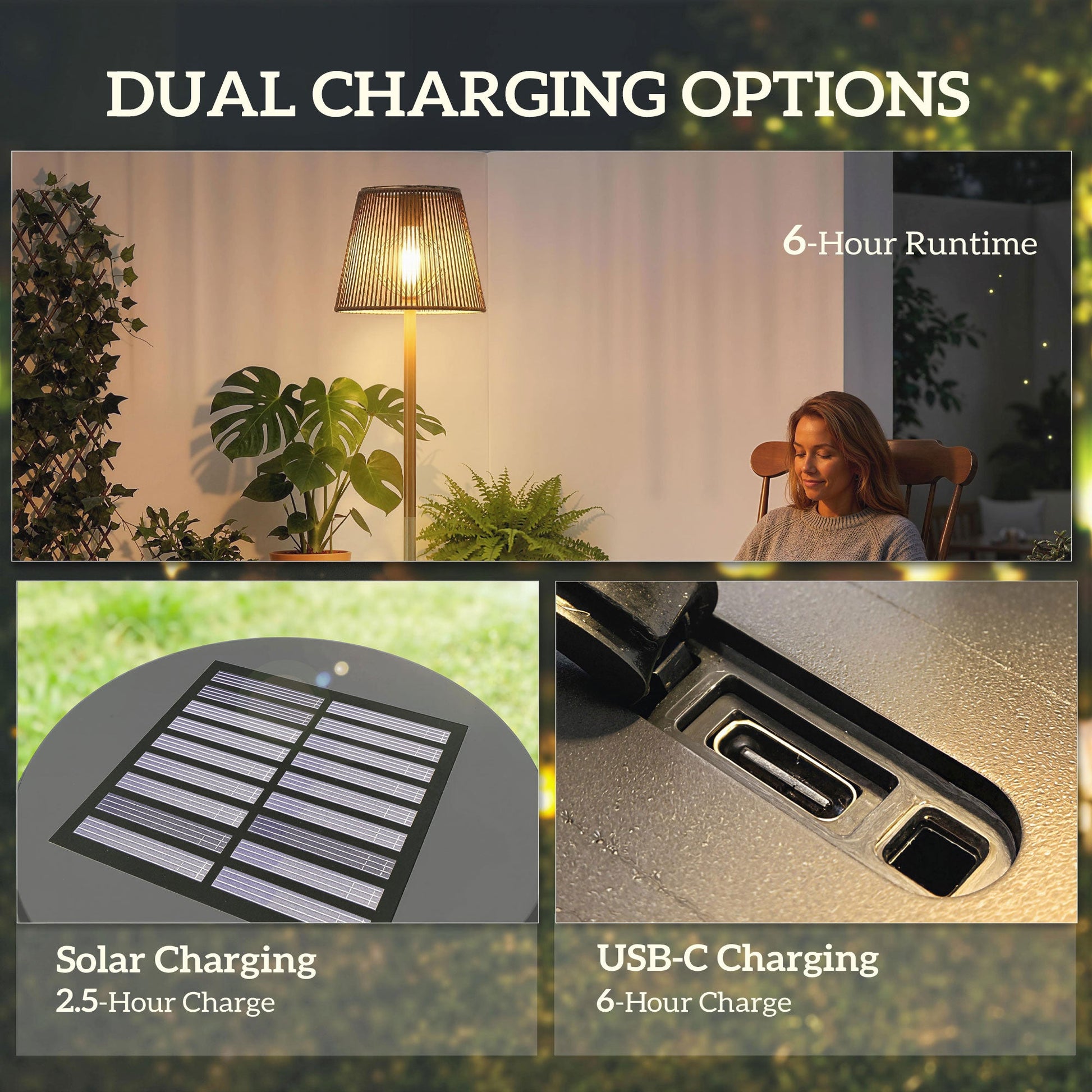 Outdoor Solar Floor Lamp, Adjustable Height Rechargeable Floor Lamp, IP44 Waterproof, with Light Sensor, 2700K Warm Light for Garden and Balcony, Black