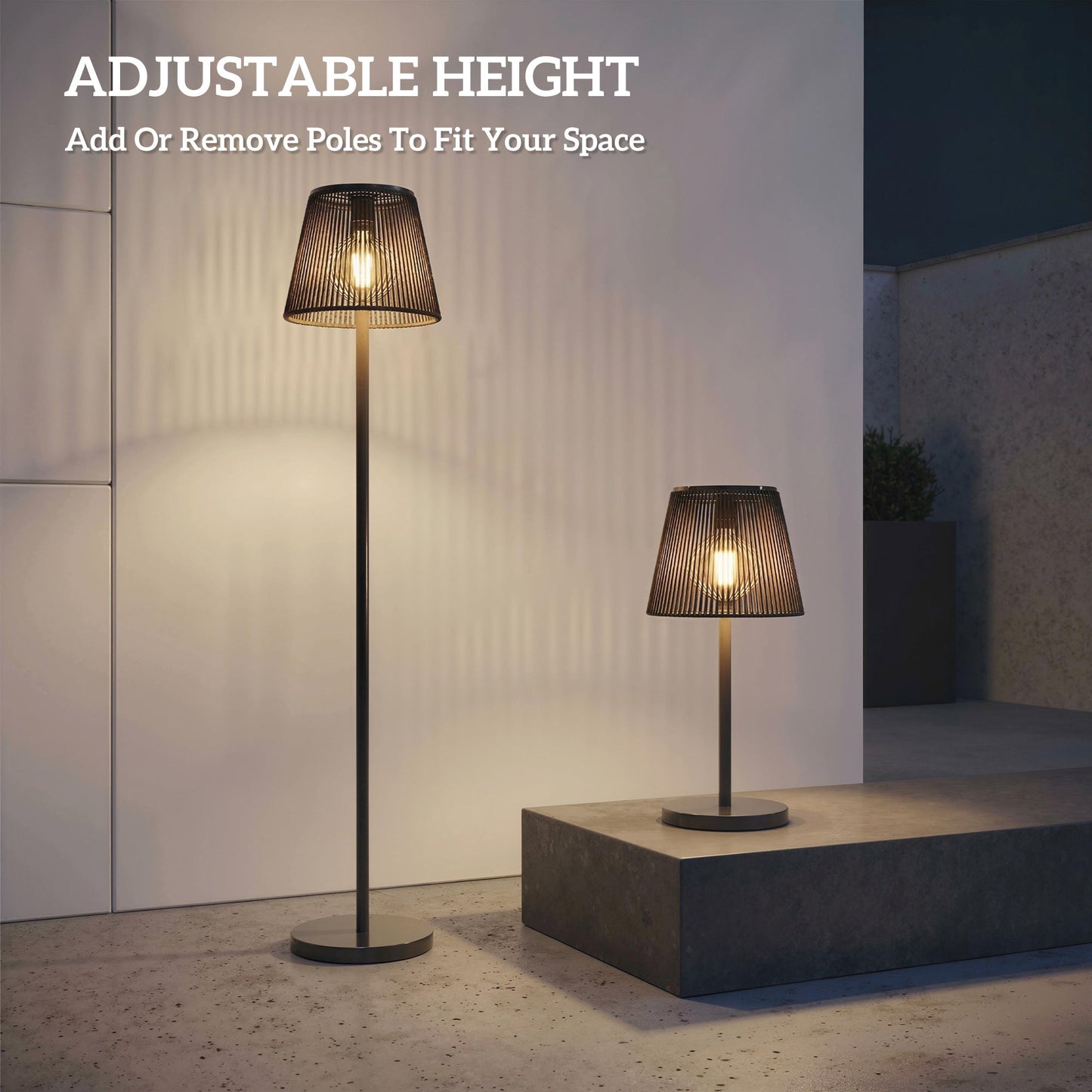 Outdoor Solar Floor Lamp, Adjustable Height Rechargeable Floor Lamp, IP44 Waterproof, with Light Sensor, 2700K Warm Light for Garden and Balcony, Black