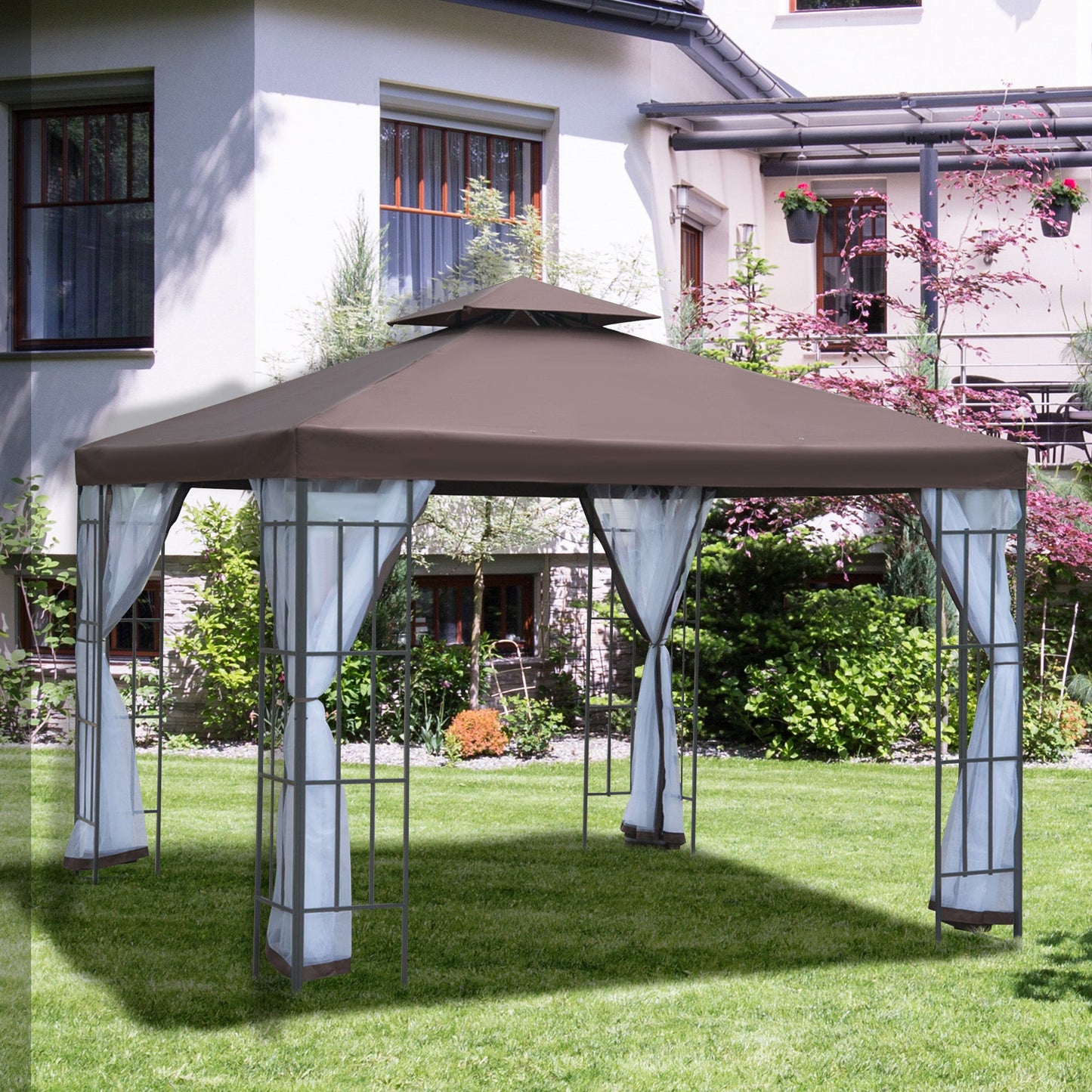 3 x 3(m) Patio Gazebo Canopy Garden Pavilion Tent Shelter with 2 Tier Roof and Mosquito Netting, Steel Frame, Coffee