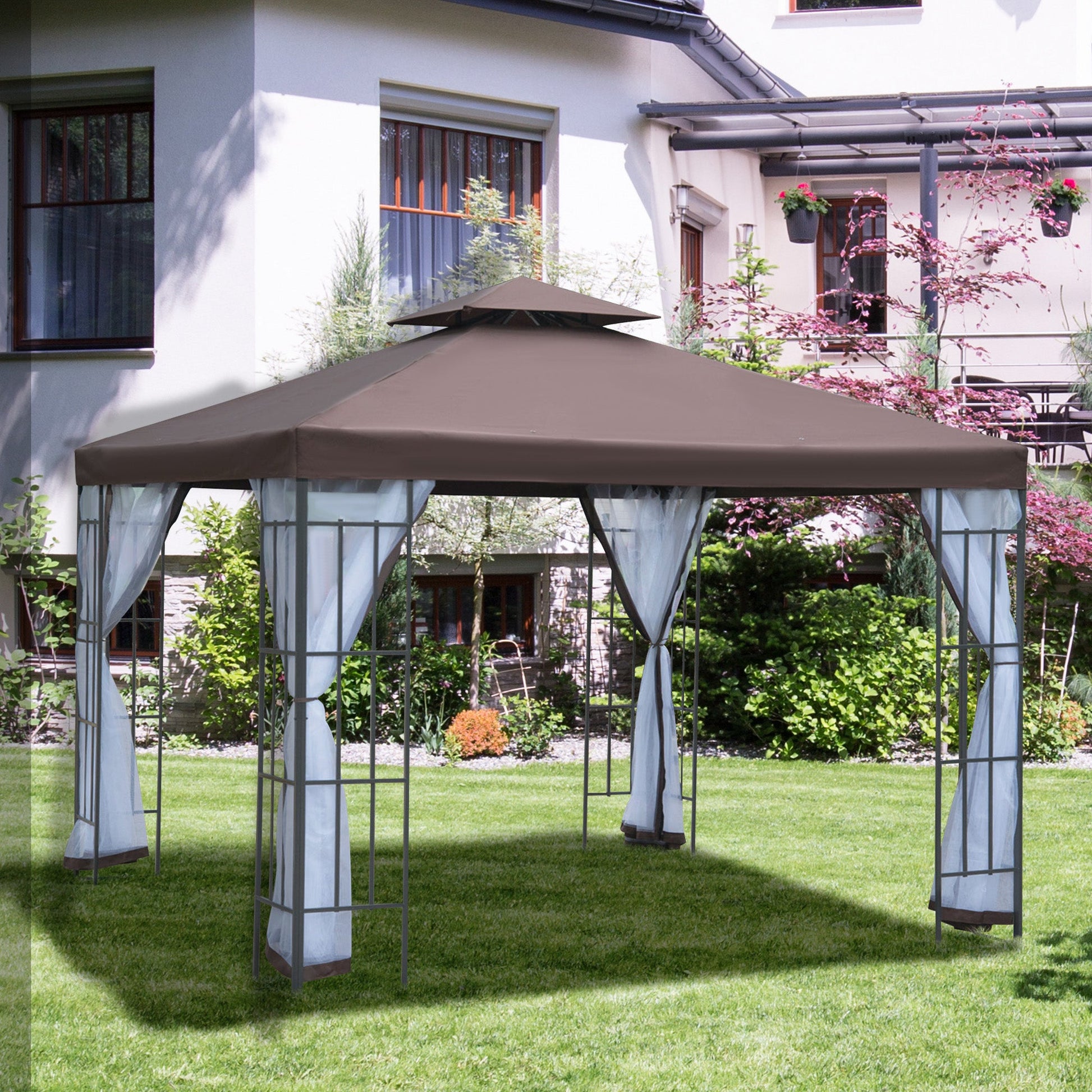 3 x 3(m) Patio Gazebo Canopy Garden Pavilion Tent Shelter with 2 Tier Roof and Mosquito Netting, Steel Frame, Coffee
