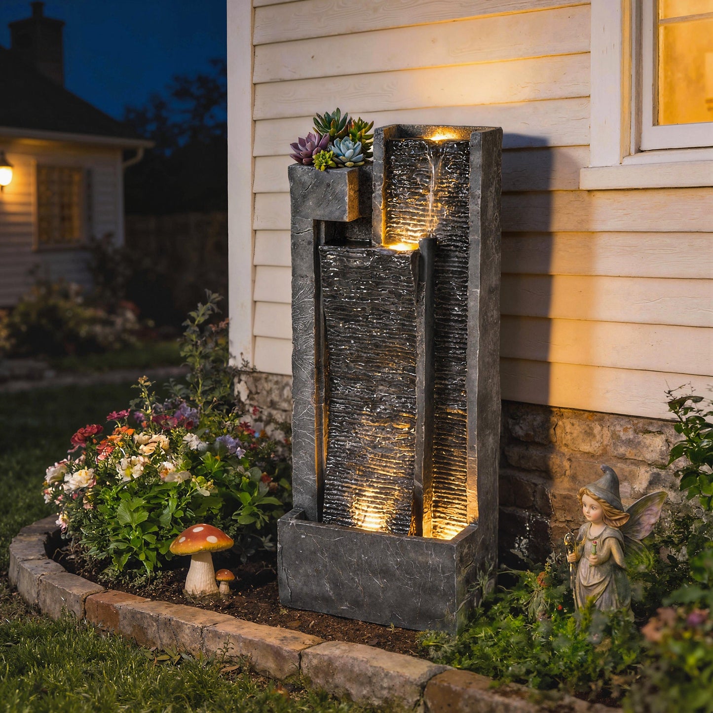 Water Feature with LED Lights and Planter, 3-Tier Garden Water Fountain with Pump, Resin Freestanding Waterfall Feature for Patio Garden, Dark Grey