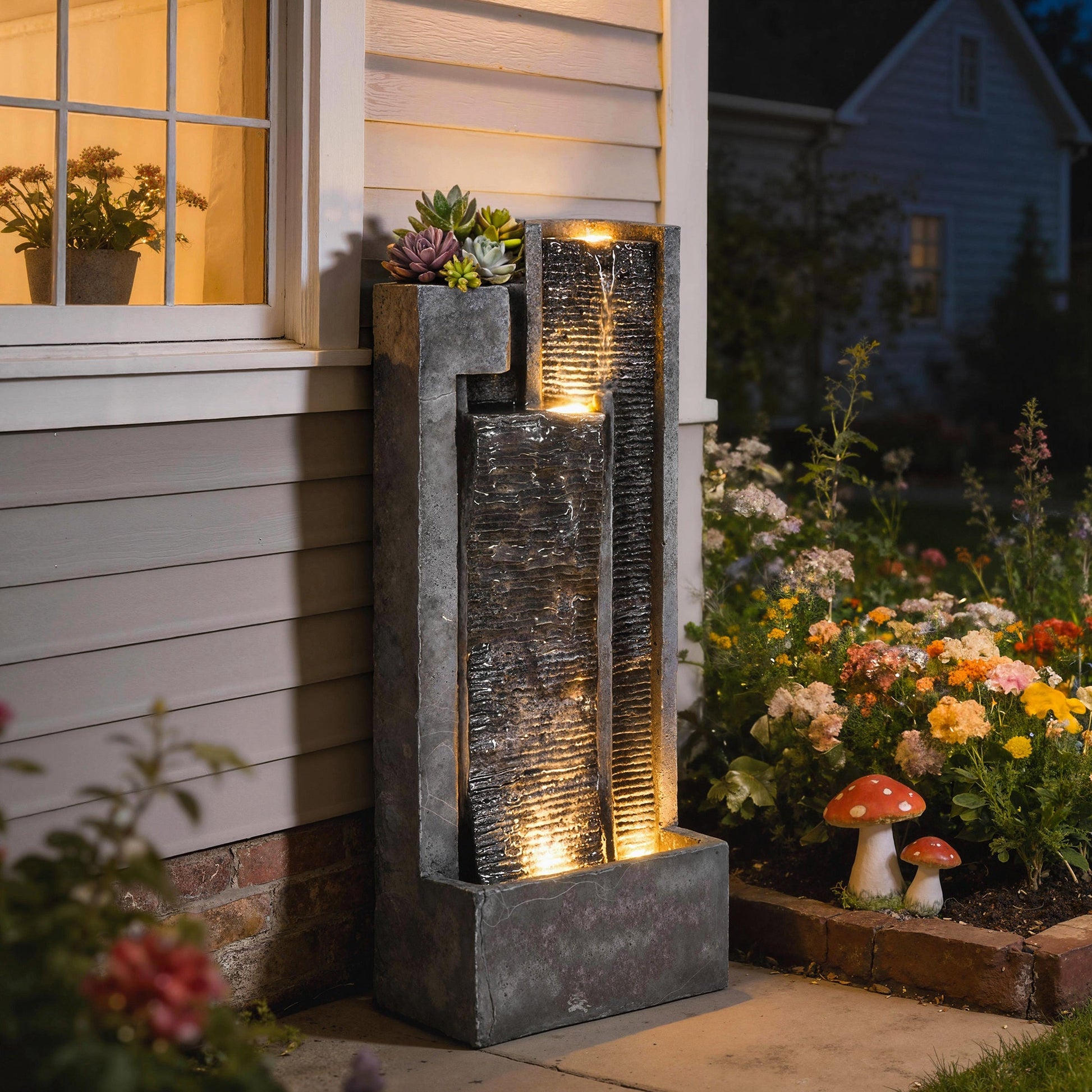 Water Feature with LED Lights and Planter, 3-Tier Garden Water Fountain with Pump, Resin Freestanding Waterfall Feature for Patio Garden, Dark Grey
