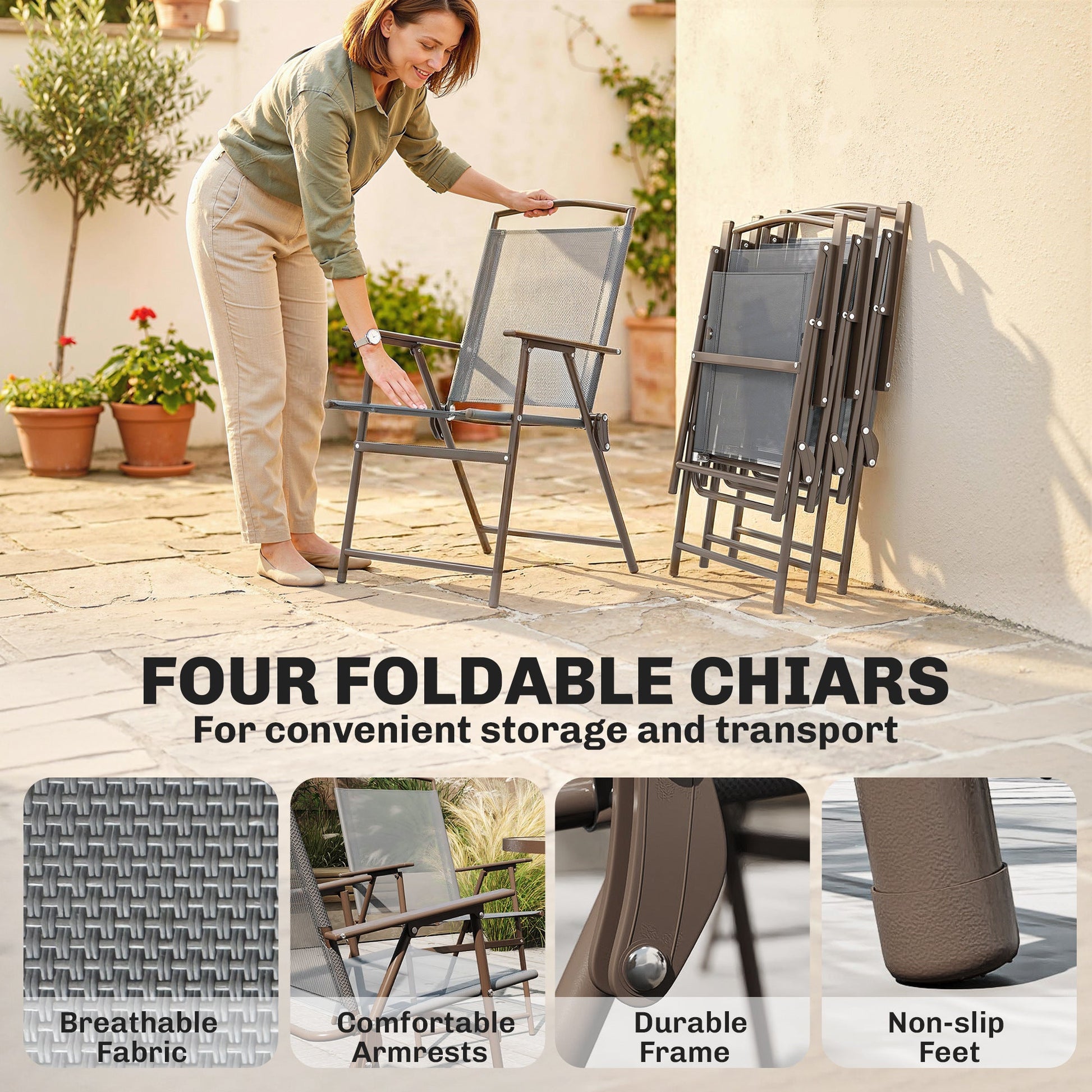 6 Piece Garden Dining Set with Umbrella, Patio Sets with Parasol, 4 Folding Dining Chairs & Round Tempered Glass Table, Dark Grey