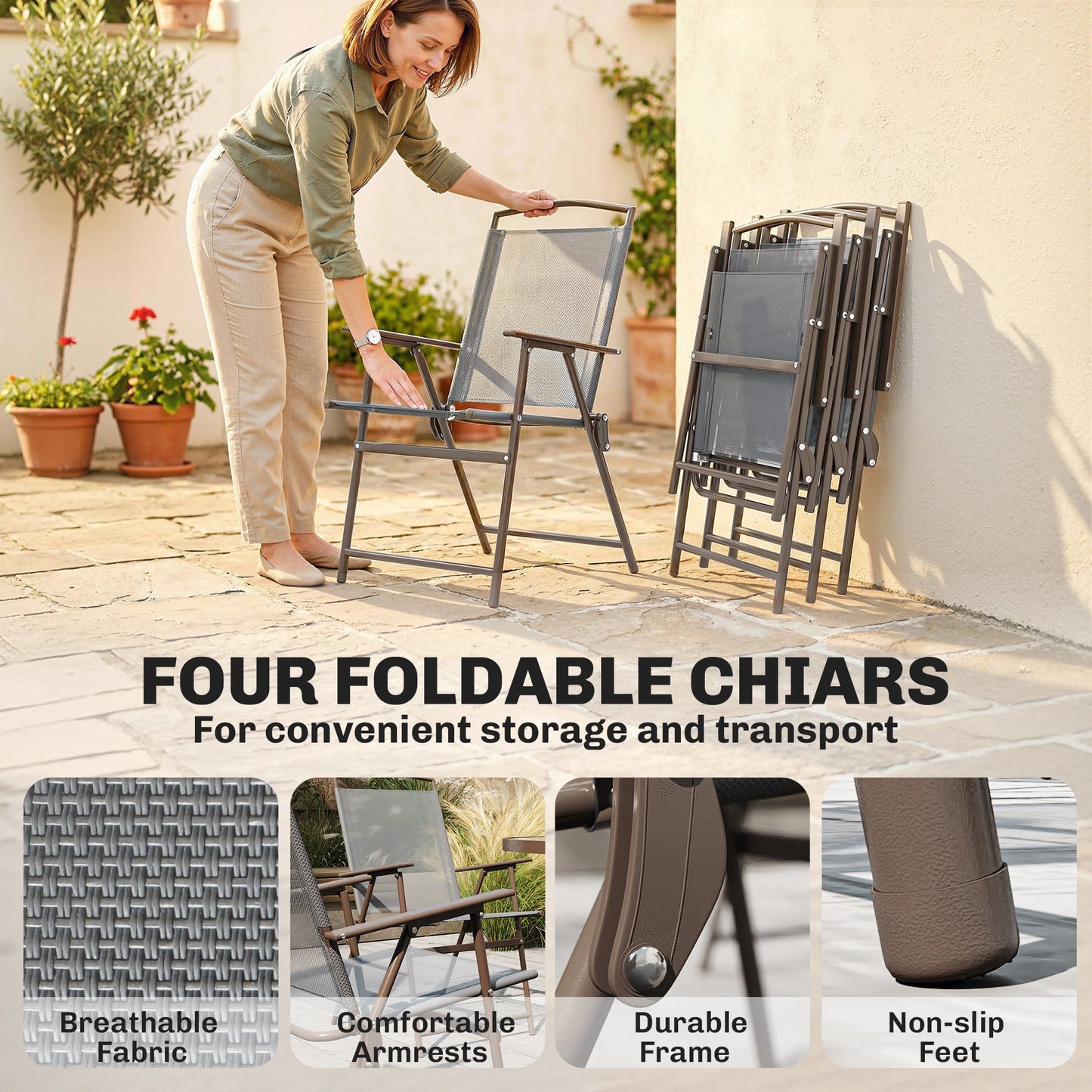 6 Piece Garden Dining Set with Umbrella, Patio Sets with Parasol, 4 Folding Dining Chairs & Round Tempered Glass Table, Dark Grey