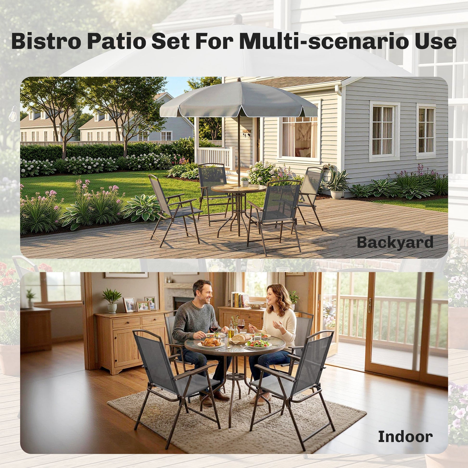 6 Piece Garden Dining Set with Umbrella, Patio Sets with Parasol, 4 Folding Dining Chairs & Round Tempered Glass Table, Dark Grey