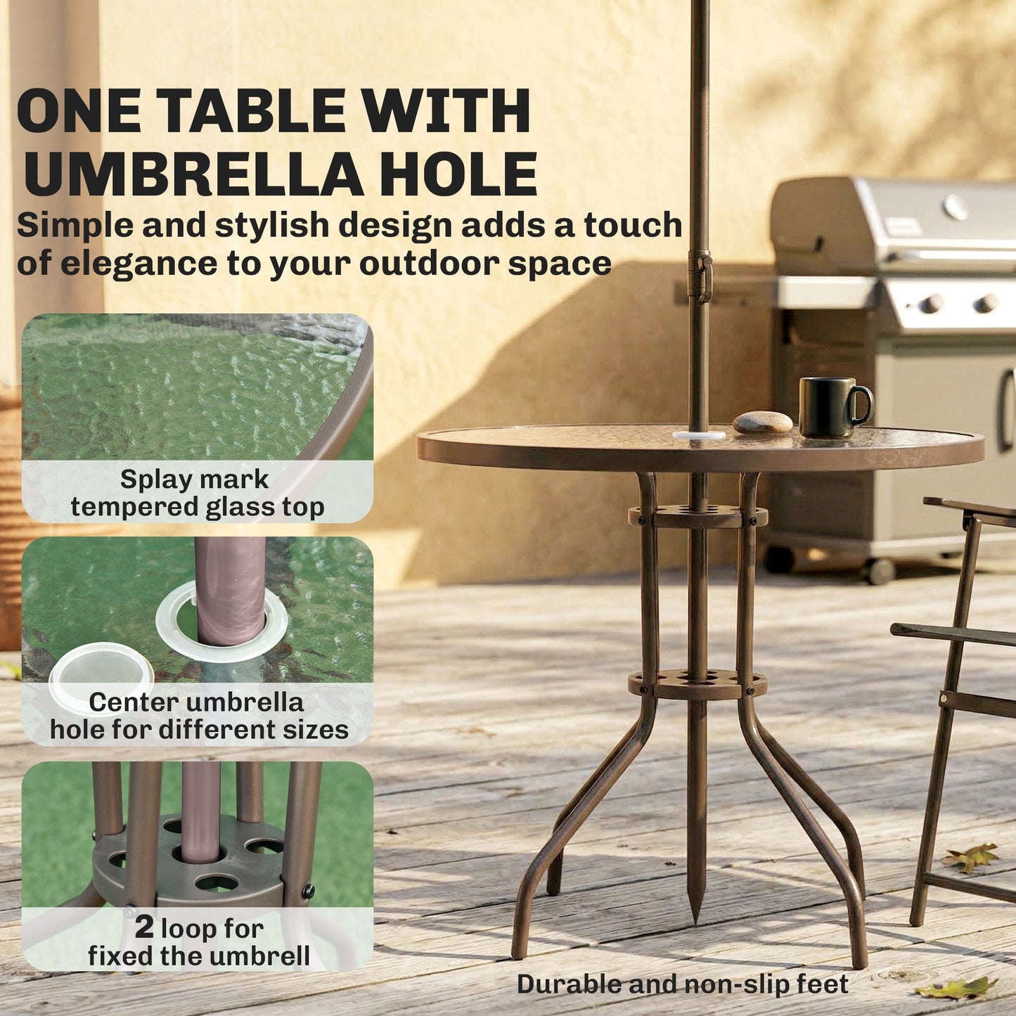 6 Piece Garden Dining Set with Umbrella, Patio Sets with Parasol, 4 Folding Dining Chairs & Round Tempered Glass Table, Dark Grey