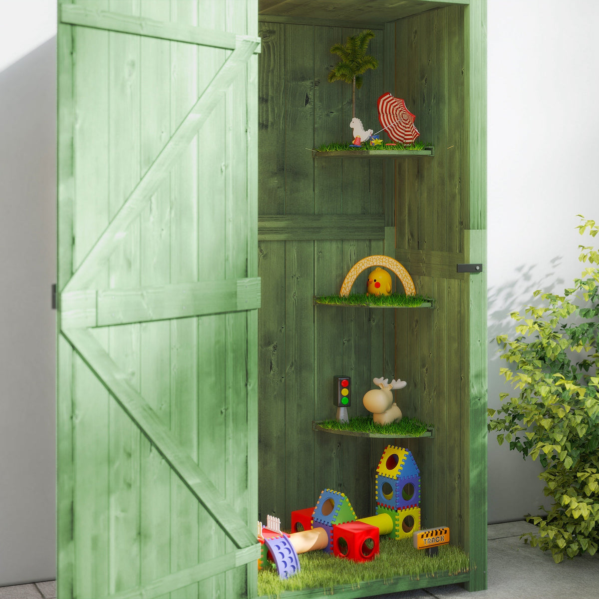 Wooden Outdoor Storage Cabinet with Shelves Tilt Roof & Lockable Double Doors Dark Green