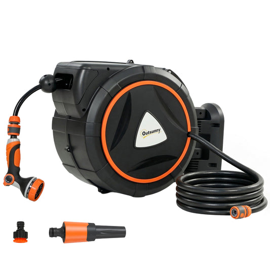 Retractable Hose Reel Wall Mounted, 28+2m Garden Hose Pipe Reel with Auto Retraction, Self-Locking, Slow Return System, 180° Swivel Bracket, 12-Pattern Nozzles and Faucet Adaptor, Orange