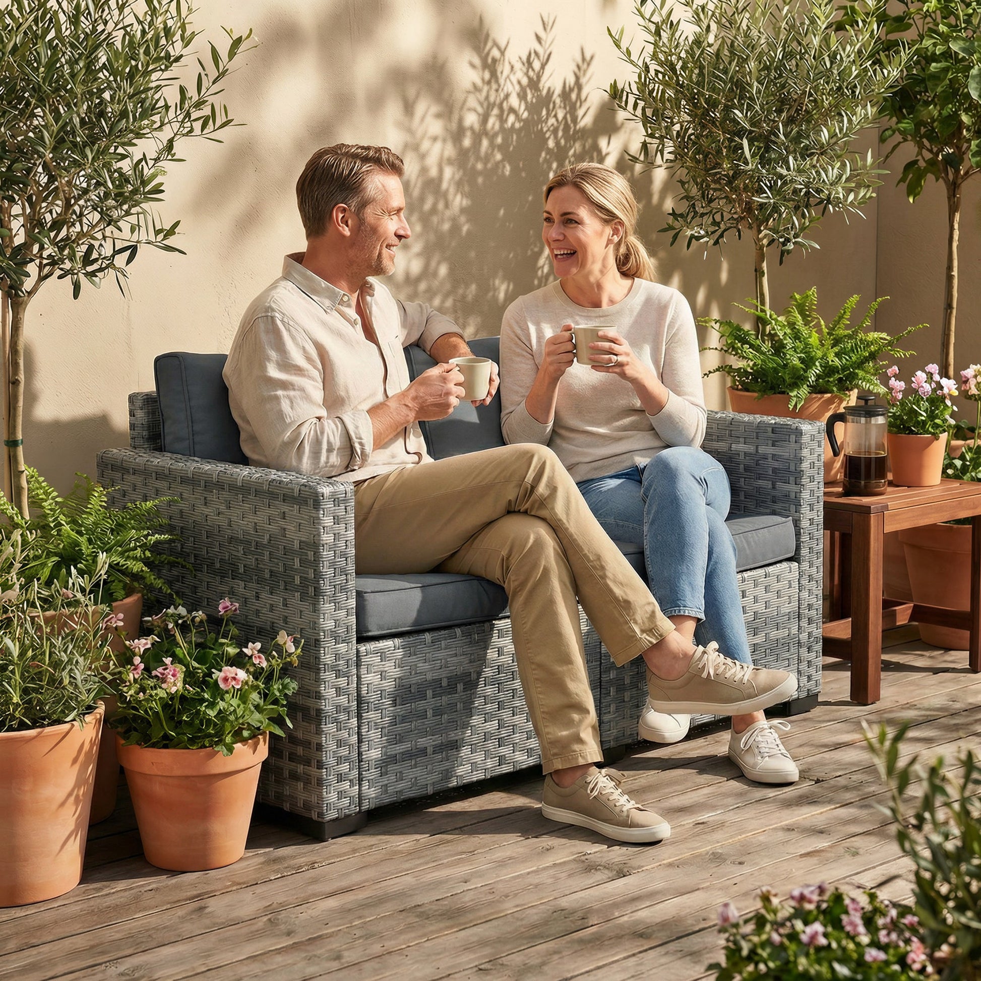 2 Seater Rattan Sofa, Outdoor Garden Sofa with Deep Seat, Cushions and Wide Armrests, All Weather Small Rattan Garden Furniture Loveseat for Patio, Balcony, Porch, Mixed Grey