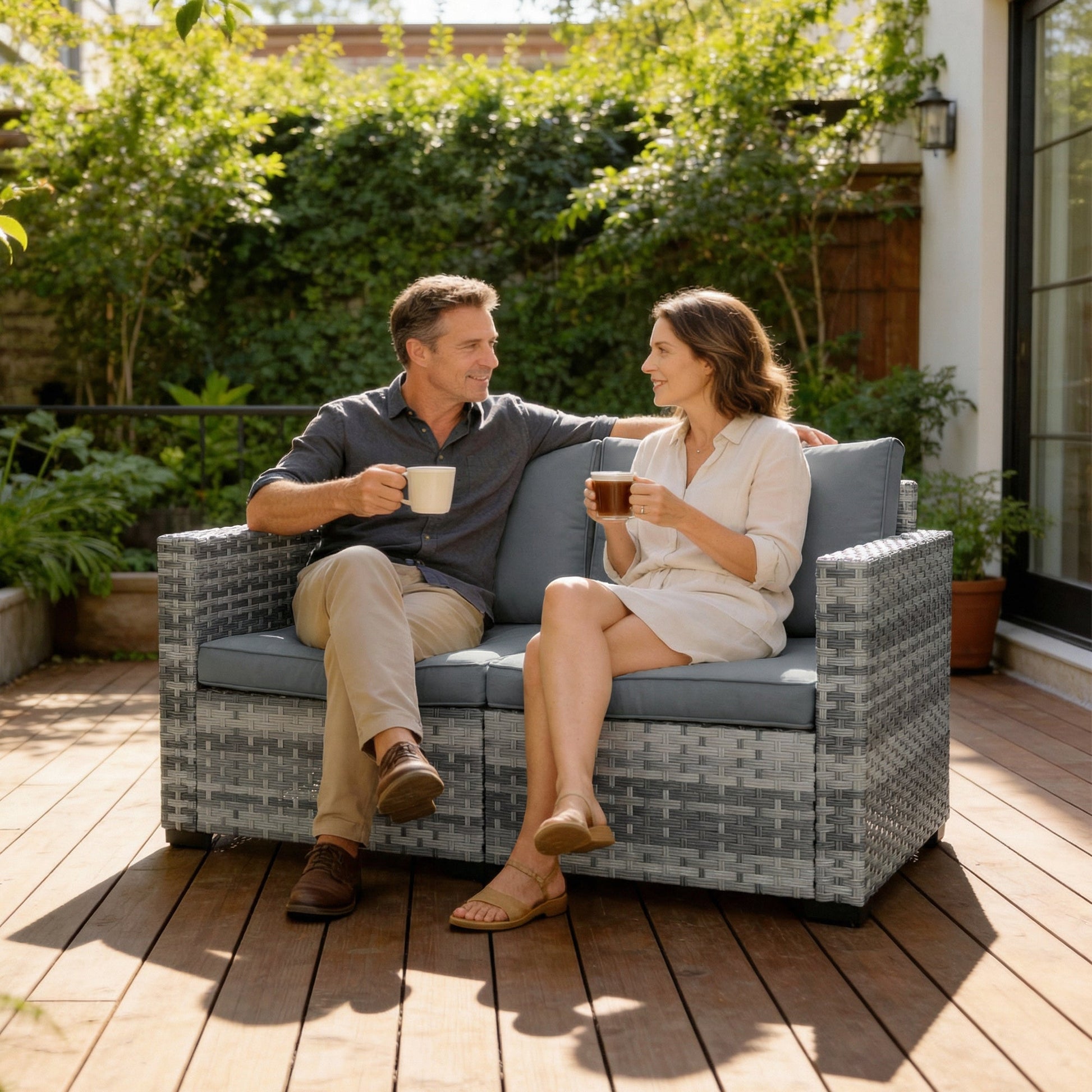 2 Seater Rattan Sofa, Outdoor Garden Sofa with Deep Seat, Cushions and Wide Armrests, All Weather Small Rattan Garden Furniture Loveseat for Patio, Balcony, Porch, Mixed Grey