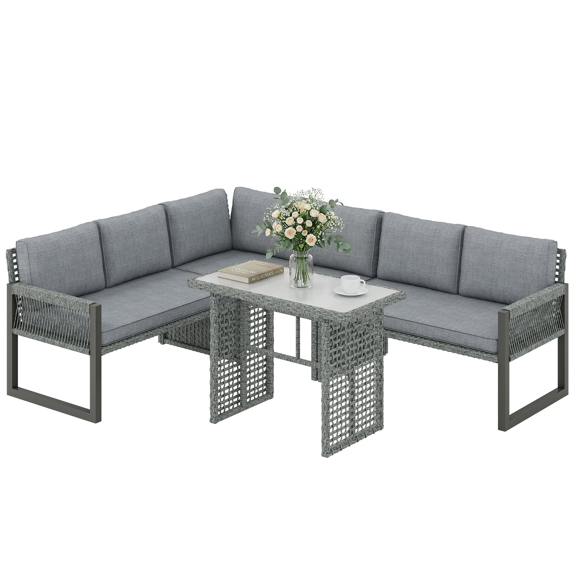 6 Seater Rattan Garden Furniture Set with 3 Loveseats, Glass-Top Table, 4 Piece Outdoor Dining Patio Rattan Furniture Corner Sofa Set with Cushions for Conservatory, Grey