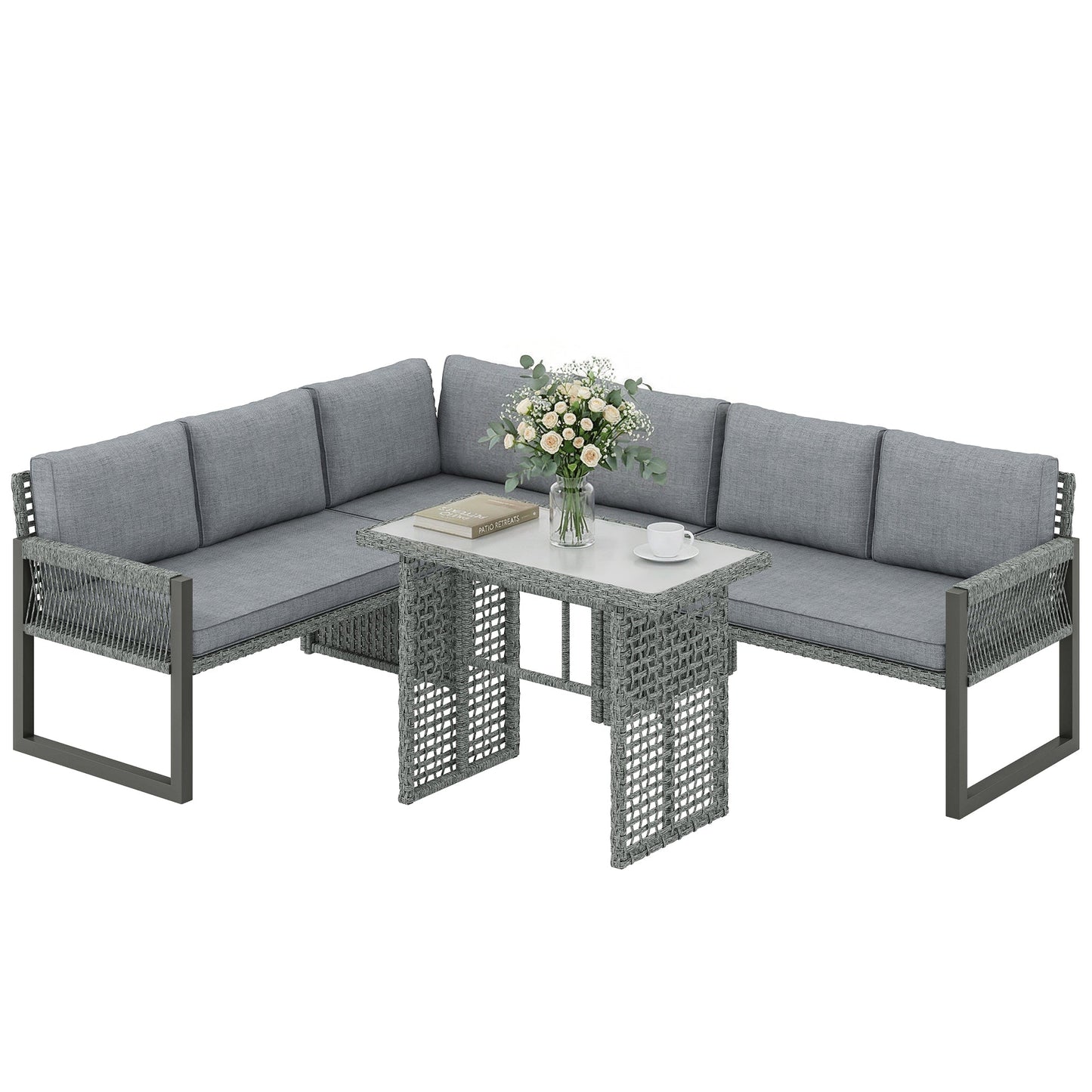 6 Seater Rattan Garden Furniture Set with 3 Loveseats, Glass-Top Table, 4 Piece Outdoor Dining Patio Rattan Furniture Corner Sofa Set with Cushions for Conservatory, Grey