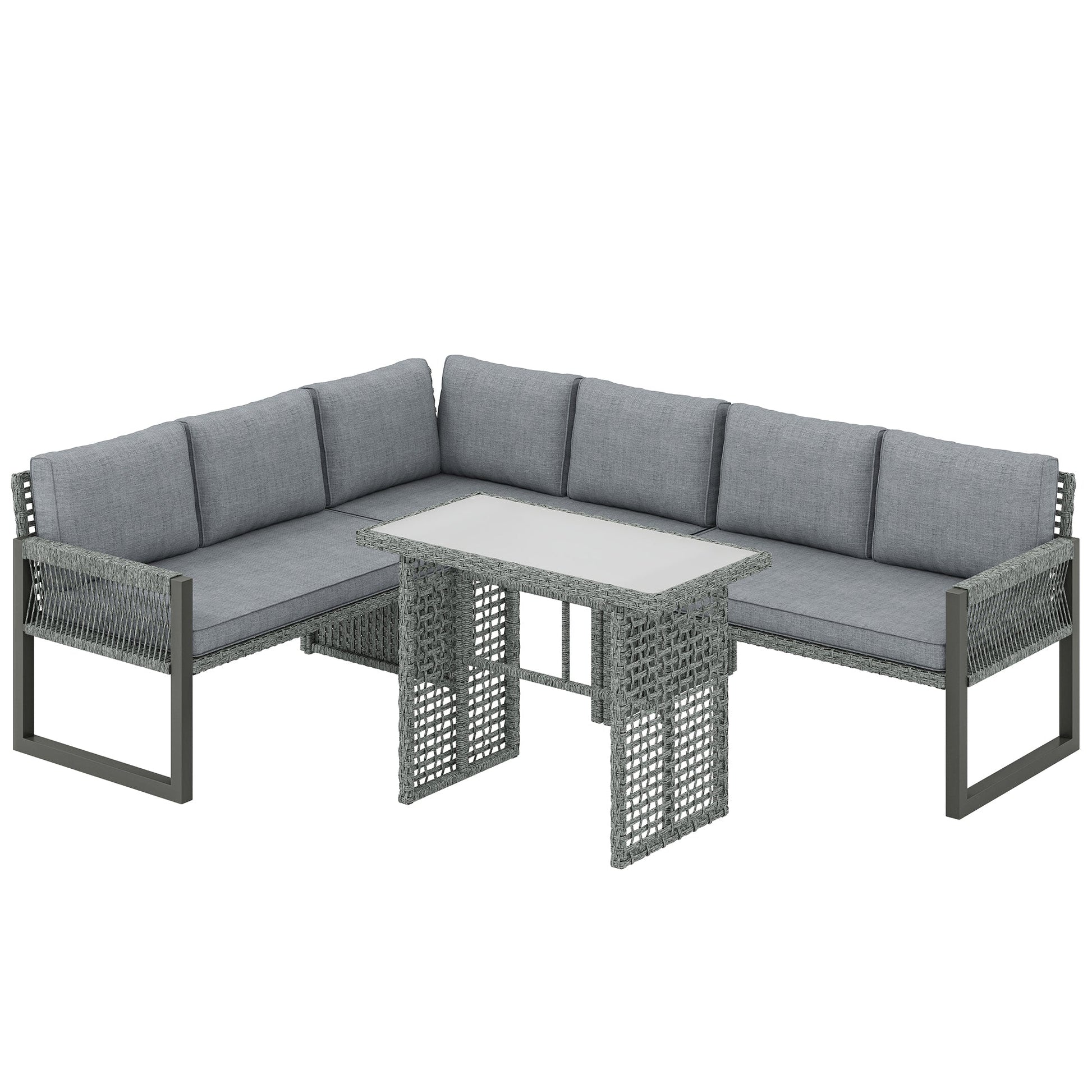 6 Seater Rattan Garden Furniture Set with 3 Loveseats, Glass-Top Table, 4 Piece Outdoor Dining Patio Rattan Furniture Corner Sofa Set with Cushions for Conservatory, Grey