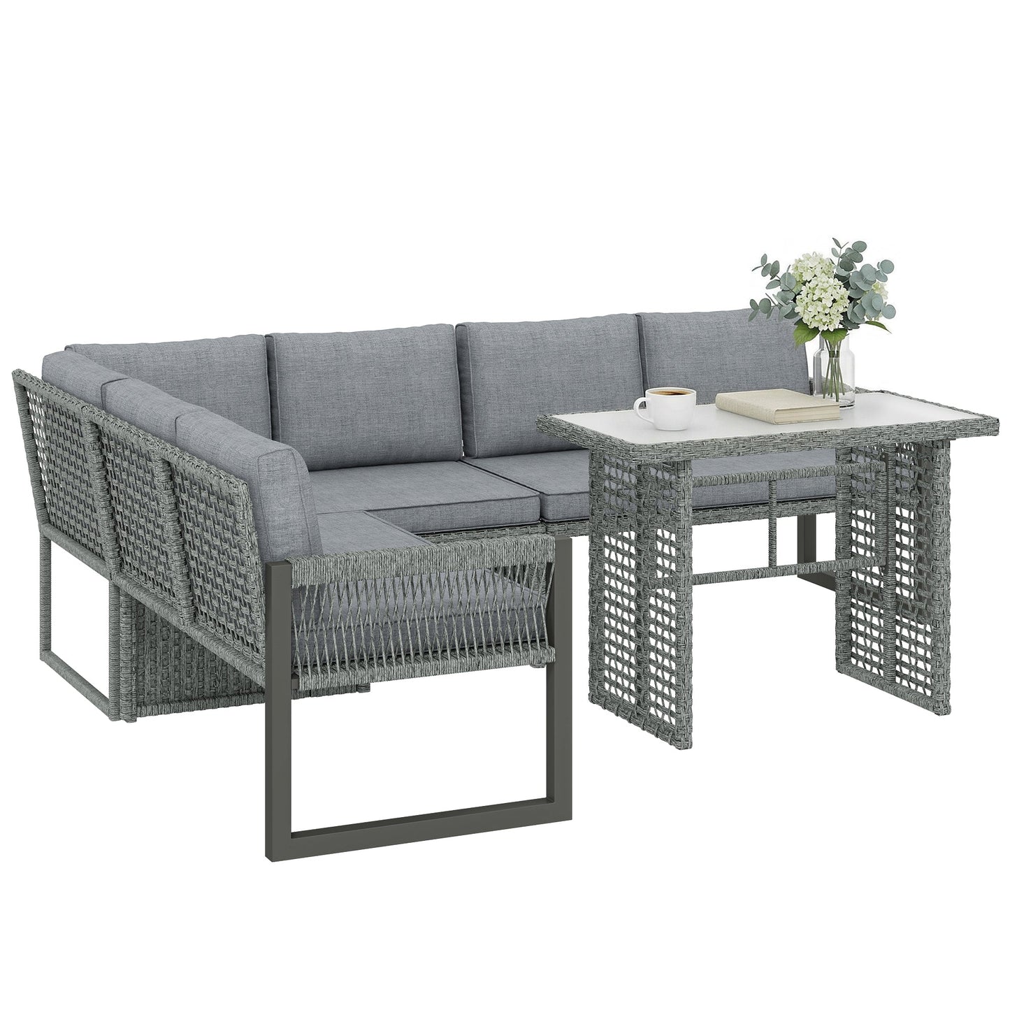 6 Seater Rattan Garden Furniture Set with 3 Loveseats, Glass-Top Table, 4 Piece Outdoor Dining Patio Rattan Furniture Corner Sofa Set with Cushions for Conservatory, Grey