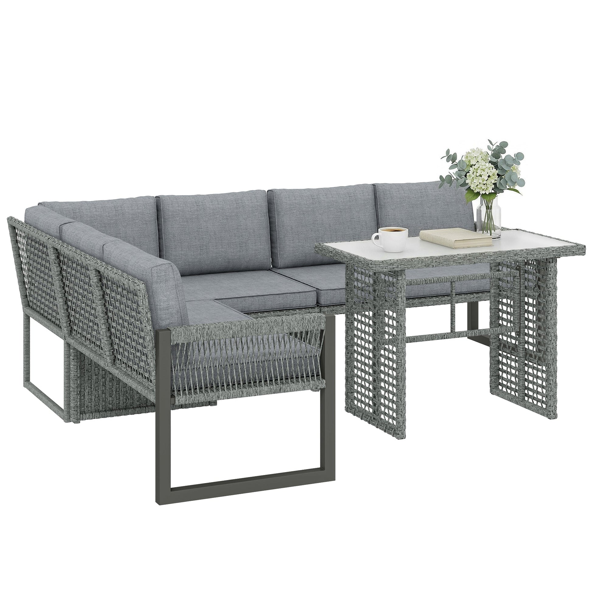 6 Seater Rattan Garden Furniture Set with 3 Loveseats, Glass-Top Table, 4 Piece Outdoor Dining Patio Rattan Furniture Corner Sofa Set with Cushions for Conservatory, Grey
