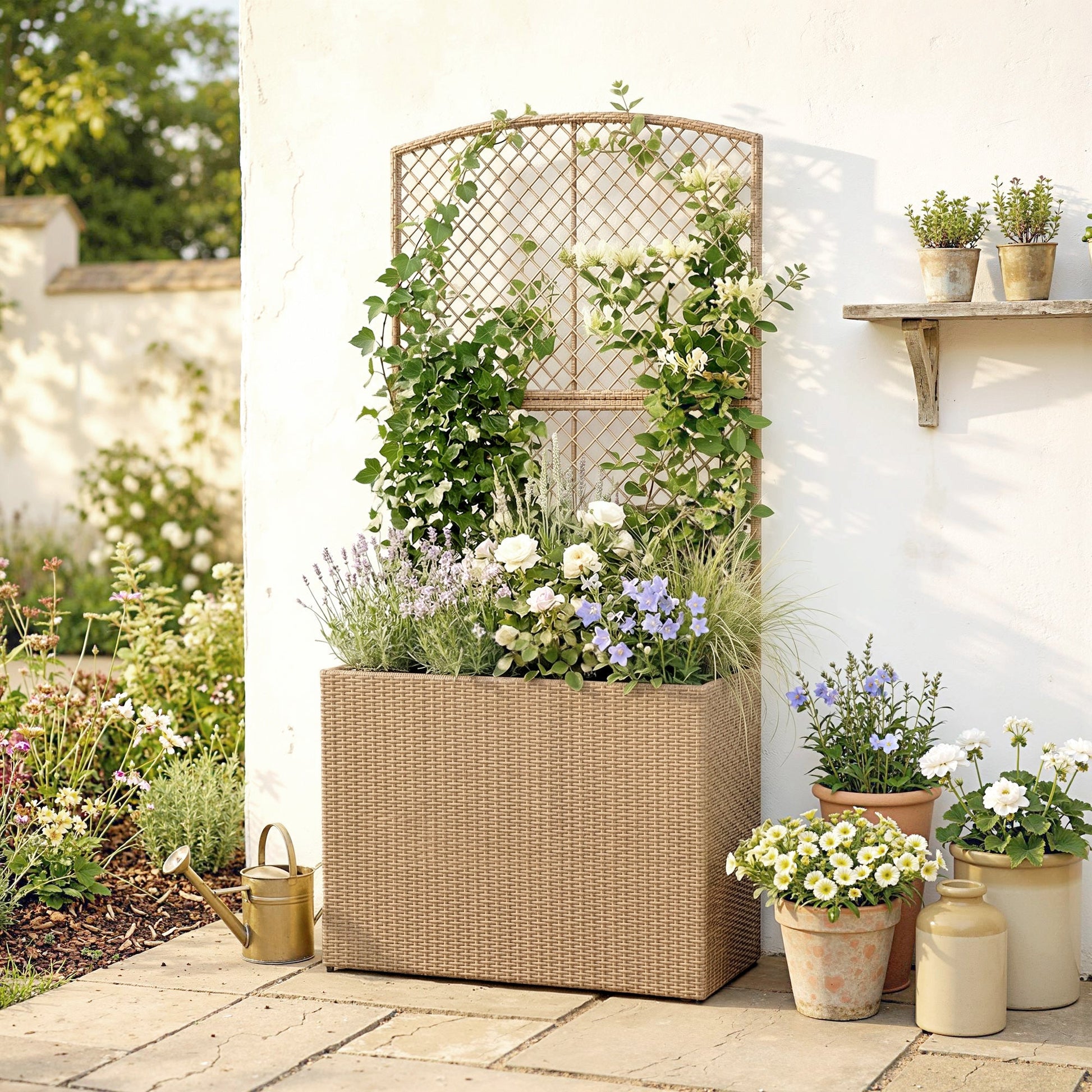 Garden Planter with Trellis, Rattan Raised Beds for Garden with Liner, Freestanding Outdoor Planter Box for Climbing Plants, Herbs, Vegetables, Flowers, 80 x 30 x 163 cm, Light Grey