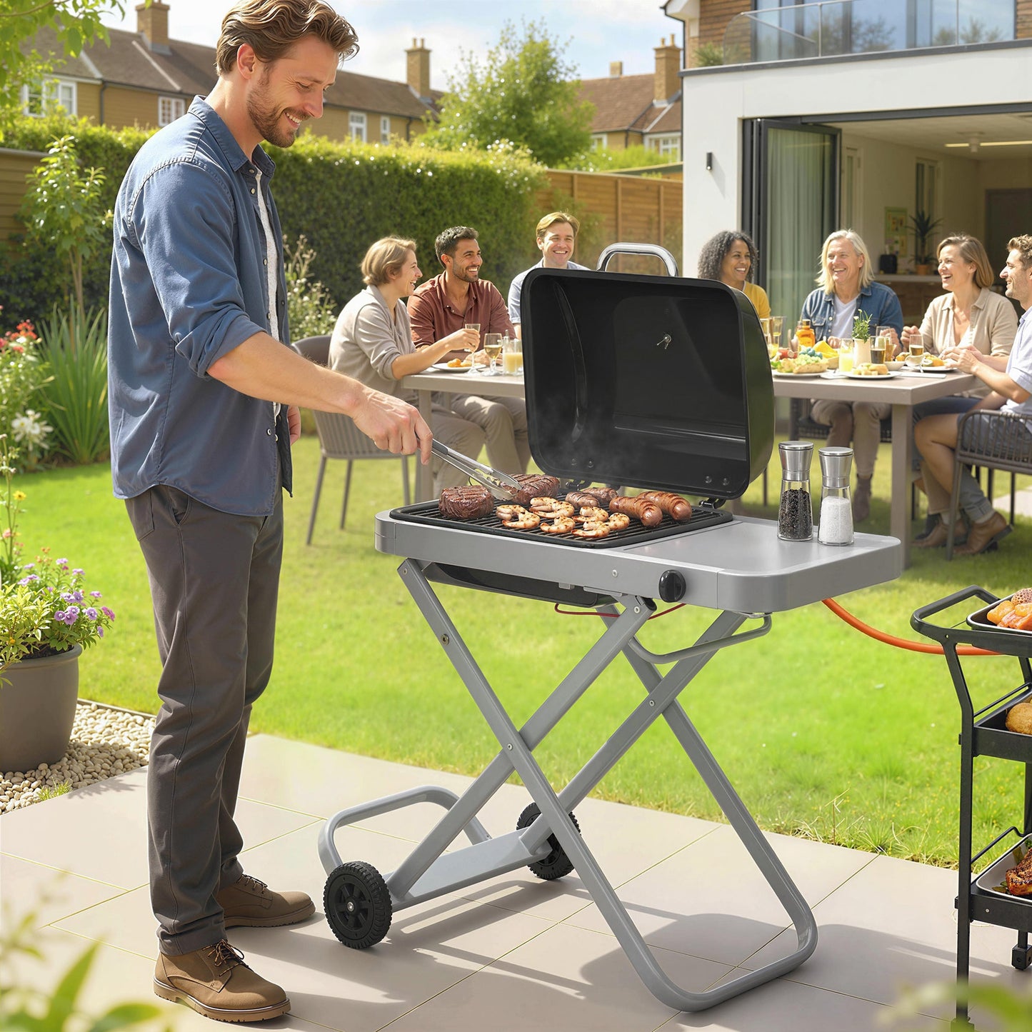 Foldable Gas BBQ Grill with Side Table, Portable Gas Barbecue Grill with Folding Trolley, Thermometer, Grease Box, Wheels for Garden Party Camping Picnic Outdoor Cooking, 2.5 kW, Black