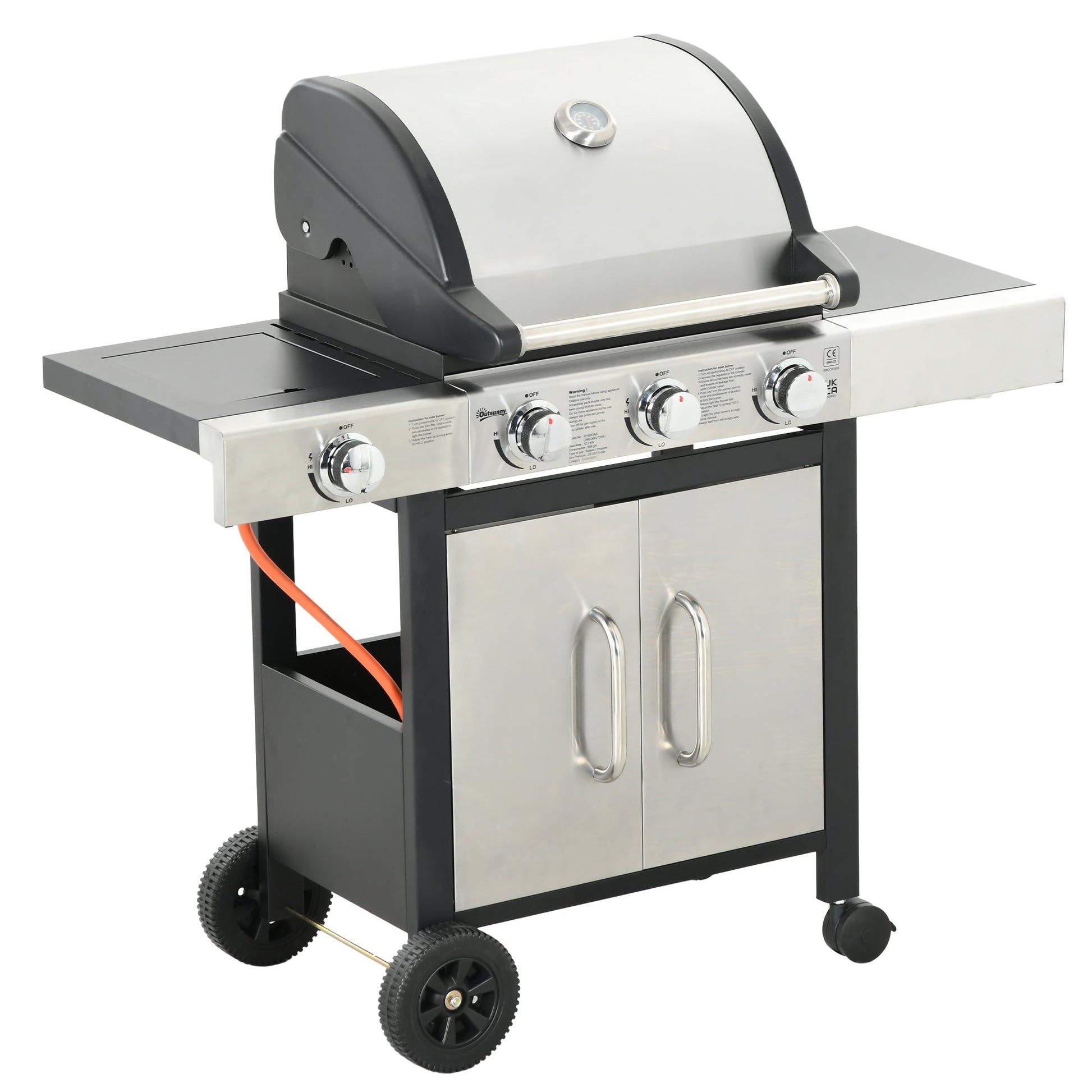 Gas Barbecue Grill 3+1 Burner Garden Smoker BBQ Trolley w/ Side Burner Warming Rack Side Shelves Storage Cabinet Piezo Ignition Thermometer Stainless Steel + Metal