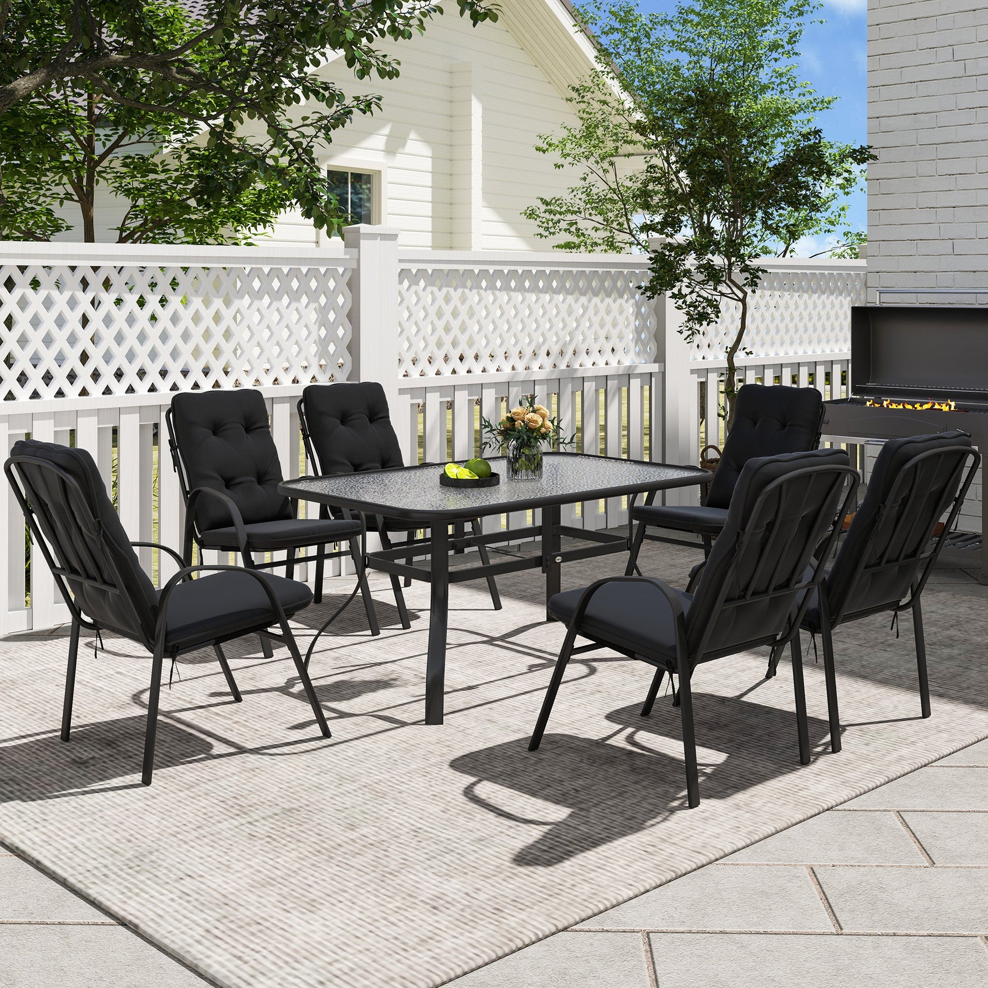 7 Pieces Garden Dining Set, Outdoor Rectangular Dining Table and 6 Cushioned Armchairs, Tempered Glass Top Table w/ Umbrella Hole, Texteline Seats, Black
