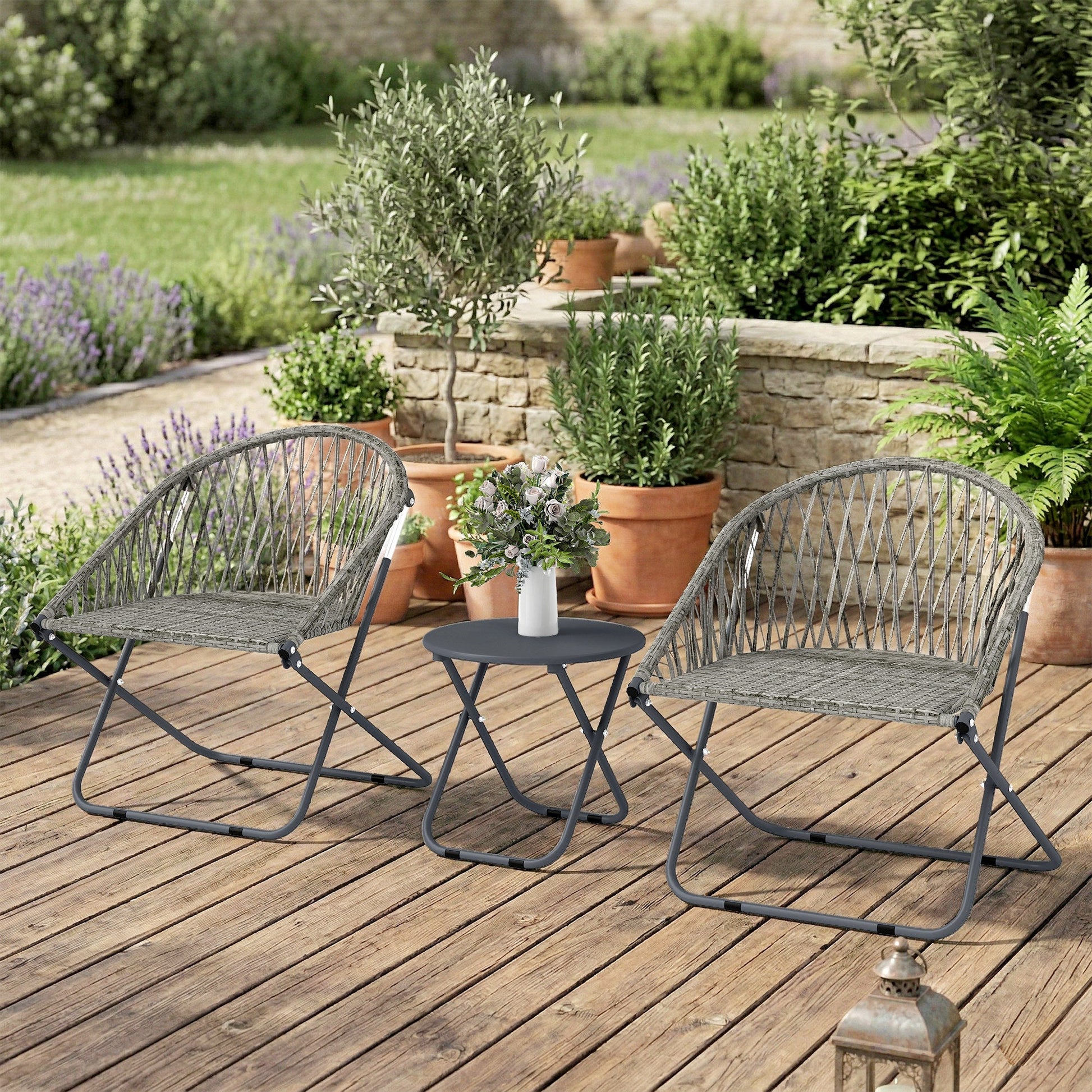 3 Pieces Patio Bistro Set, Folding Garden Furniture Set for 2 with Metal Top Coffee Table and Rattan Chairs for Outdoor, Balcony, Grey