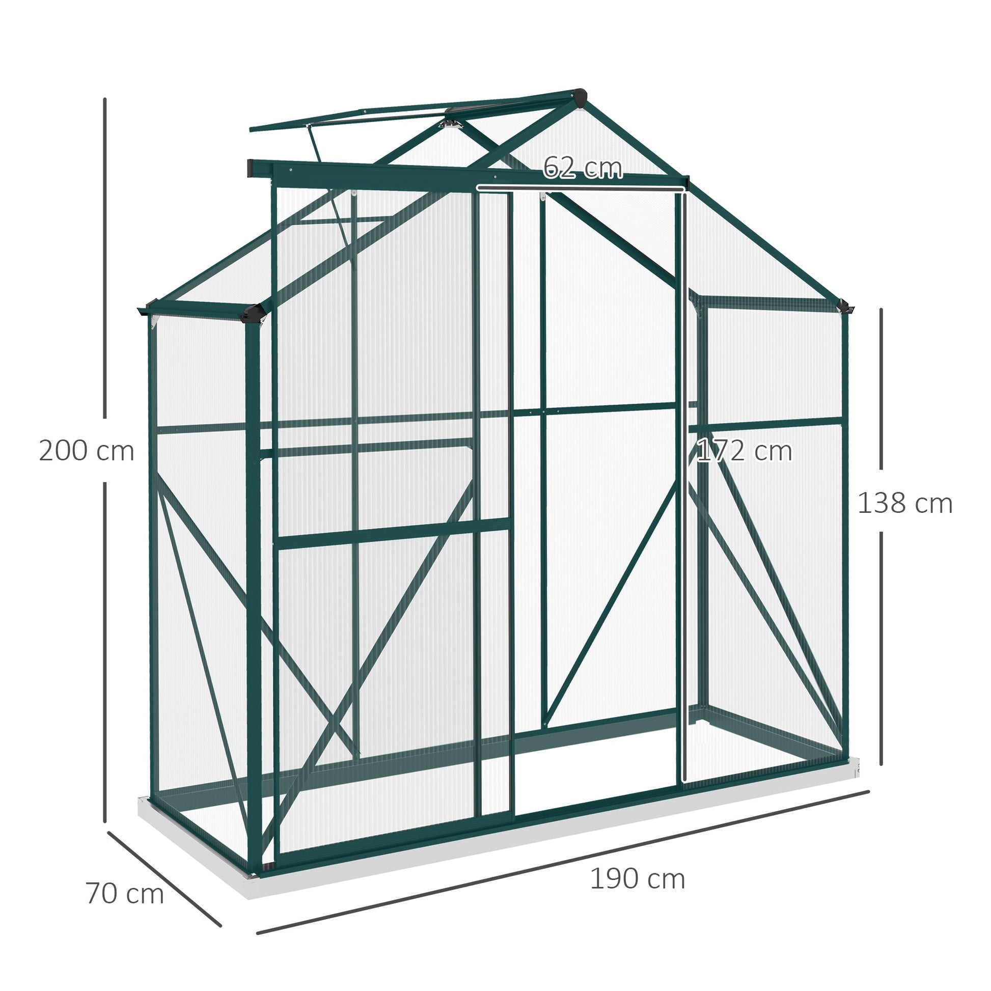 6 x 2.5ft Polycarbonate Greenhouse, Walk-In Green House with Sliding Door, 5-Level Roof Vent, Rain Gutter, Garden Plants Grow House with Aluminium Frame and Foundation, Green